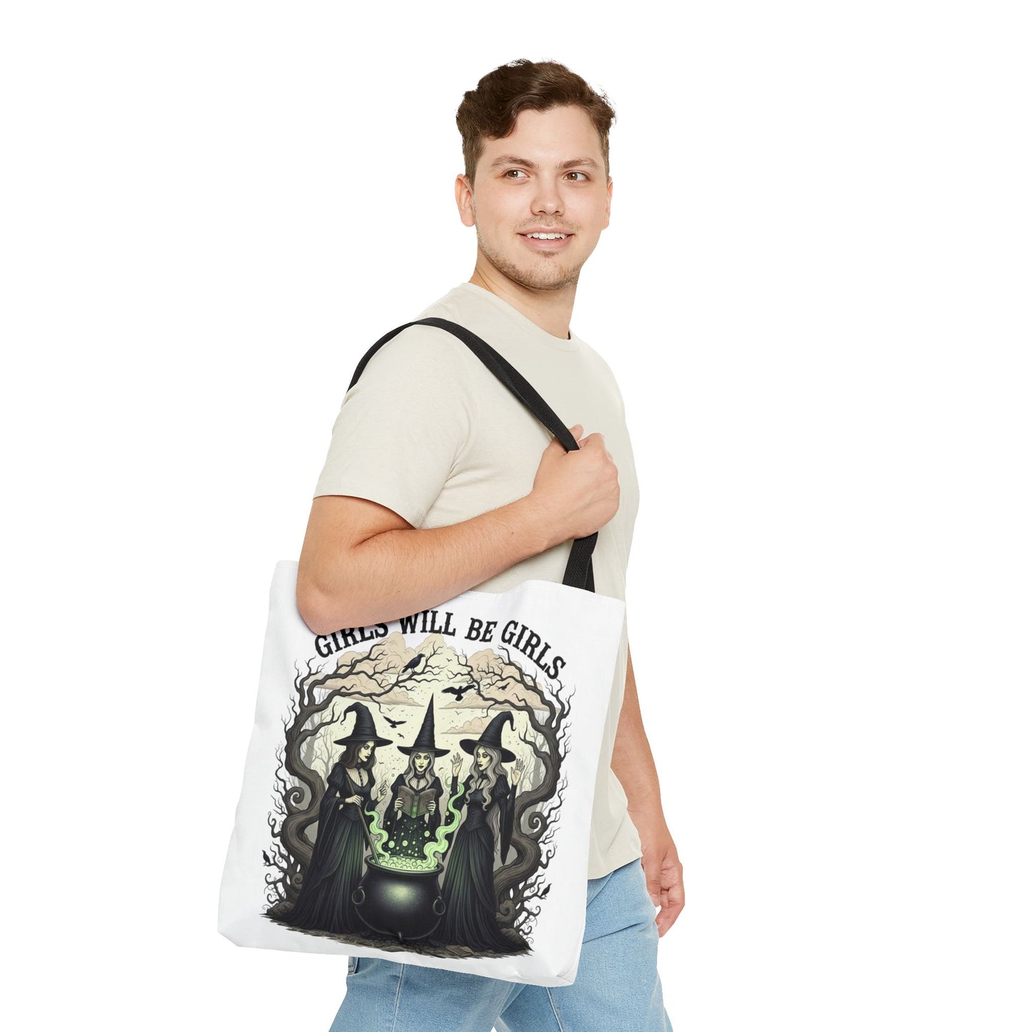Girls Will Be Girls Halloween Tote Bag, Witchy Aesthetic Bag, Gothic Witches Cauldron Art, Spooky Gift, Reusable Eco Tote For Halloween Lovers