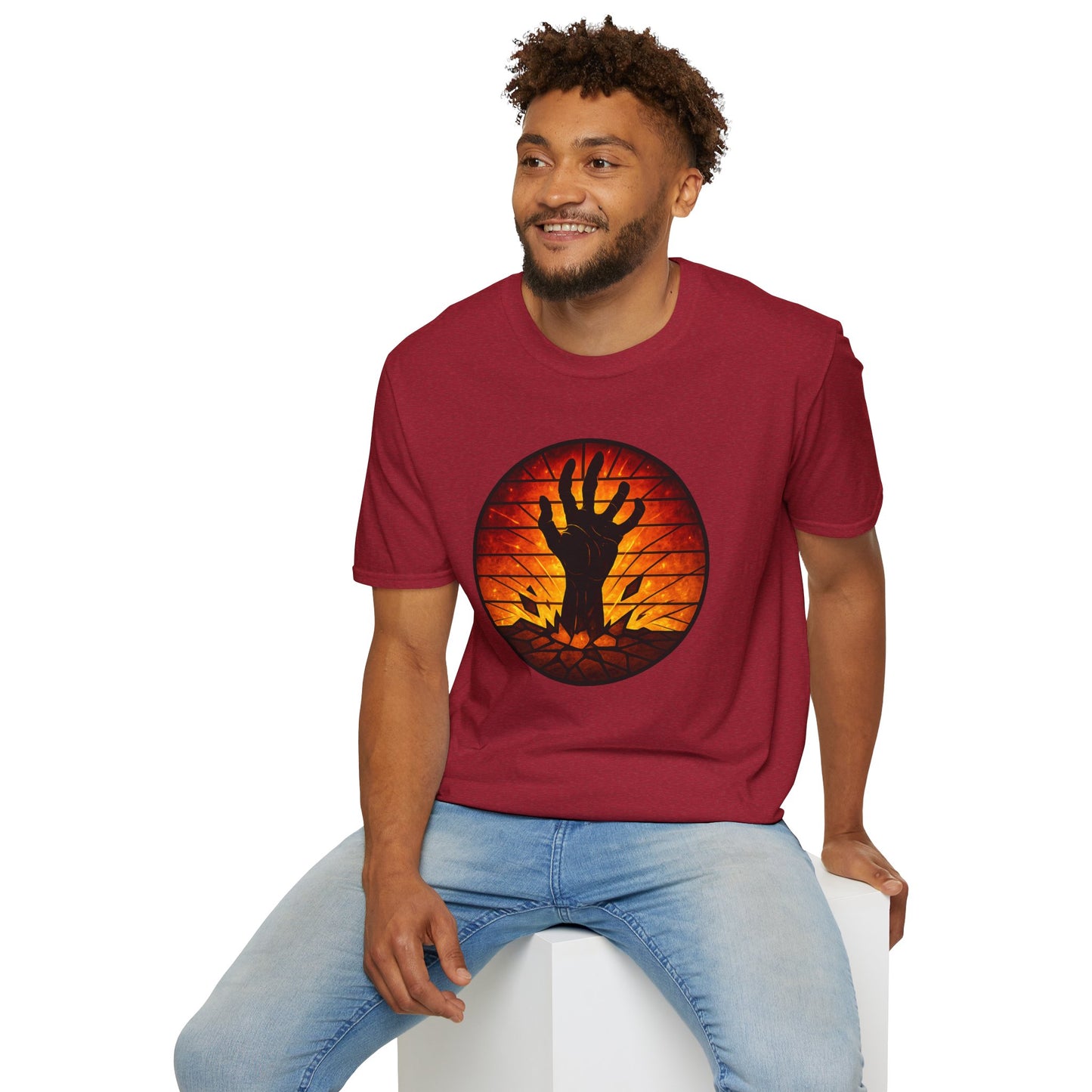 Zombie Hand Sunset T-Shirt – Stained Glass Horror Shirt, Halloween Gothic Tee, Undead Rising Art Tee, Creepy Spooky Shirt for Fall
