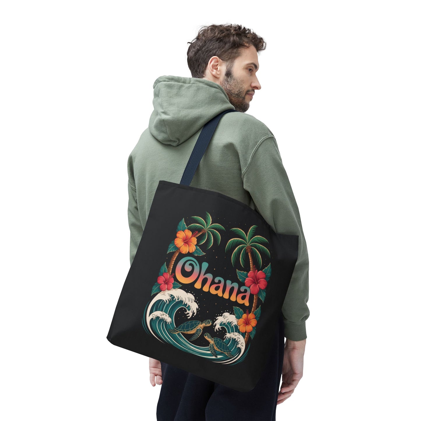 Ohana Tote Bag – Hawaiian Beach Tote with Sea Turtles & Palm Trees – Floral Tropical Reusable Bag, Summer Gift, Aesthetic Travel Purse