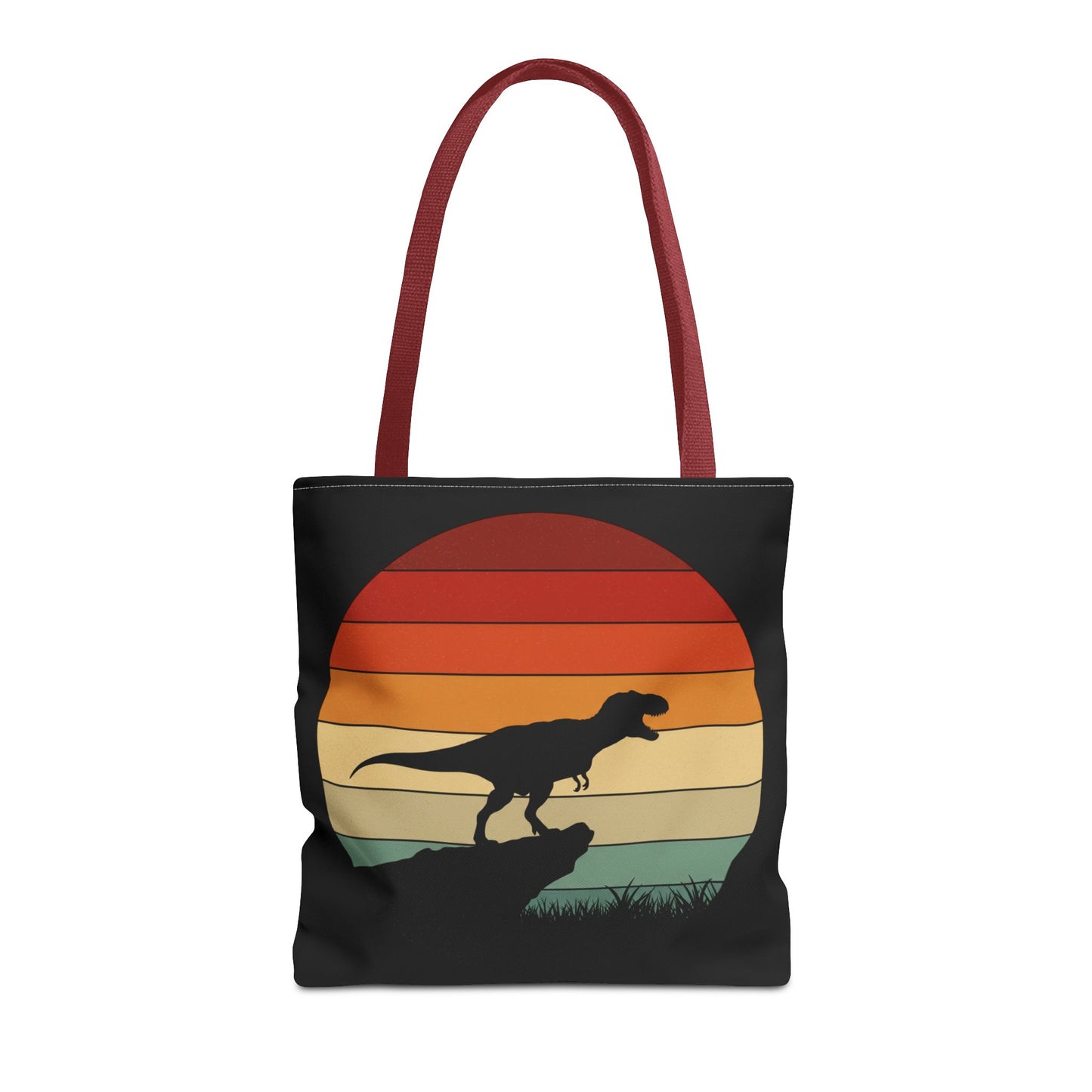 Retro Dinosaur Sunset Tote Bag | AOP Canvas Shopper - Eco Beach Bag for Dino Lovers and Kids, All-Over Print Summer Travel Gift