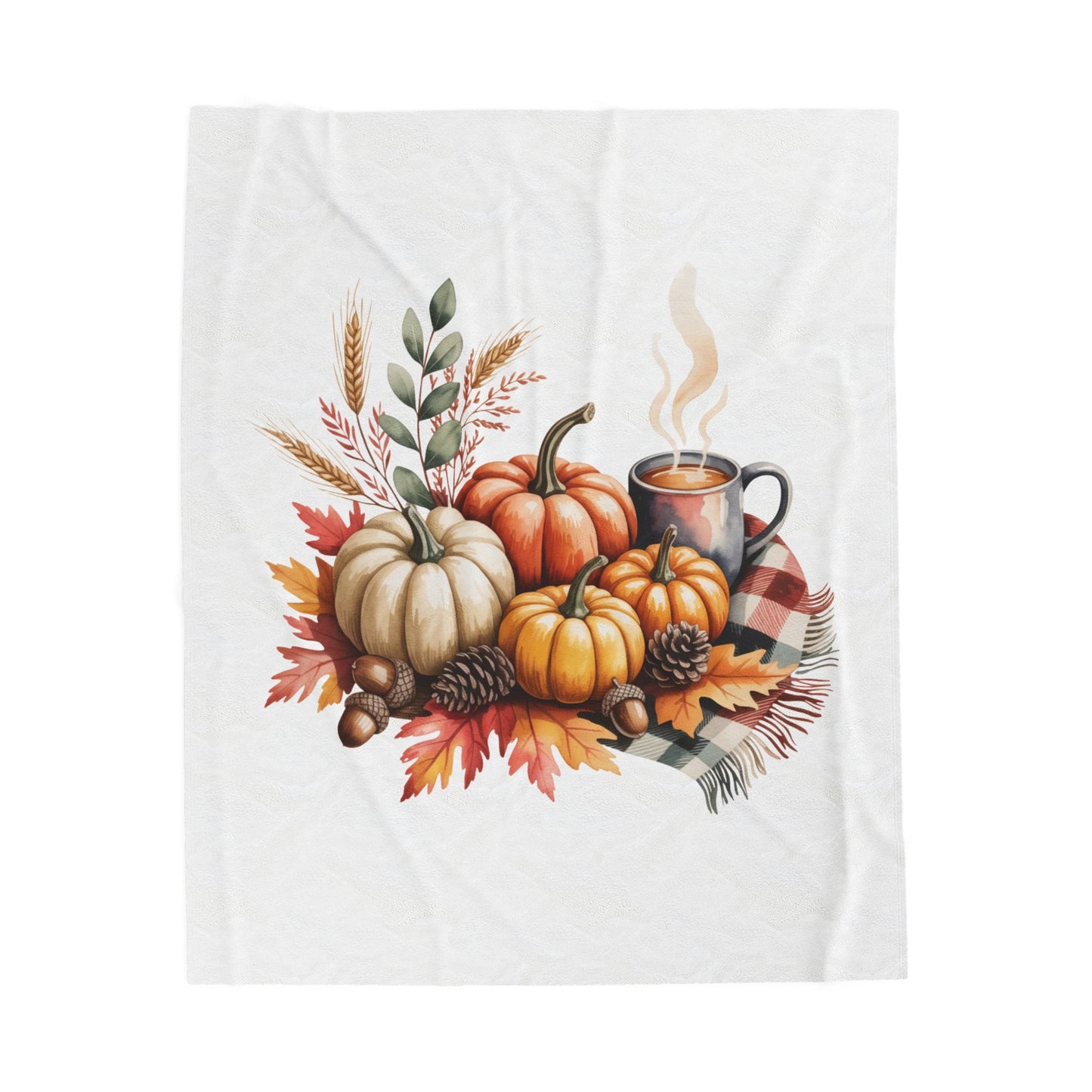 Pumpkin Plaid Fall Blanket, Cozy Autumn Throw Blanket With Pumpkins And Coffee Mug, Thanksgiving Decor, Soft Fleece Blanket Gift For Home