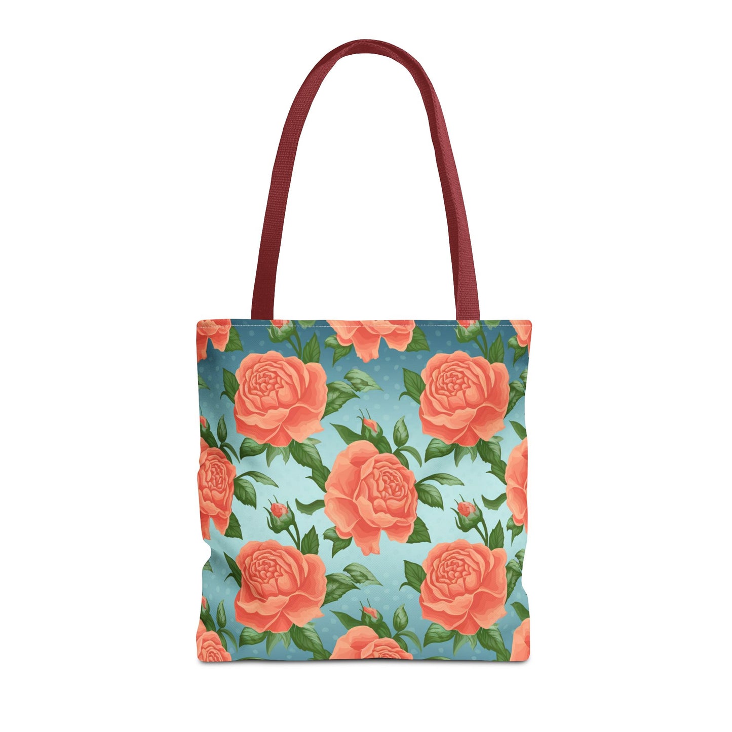 Vintage Floral Tote Bag – Coral Rose Pattern on Blue Background – Aesthetic Everyday Carry Bag – Reusable Fabric Market Tote Gift