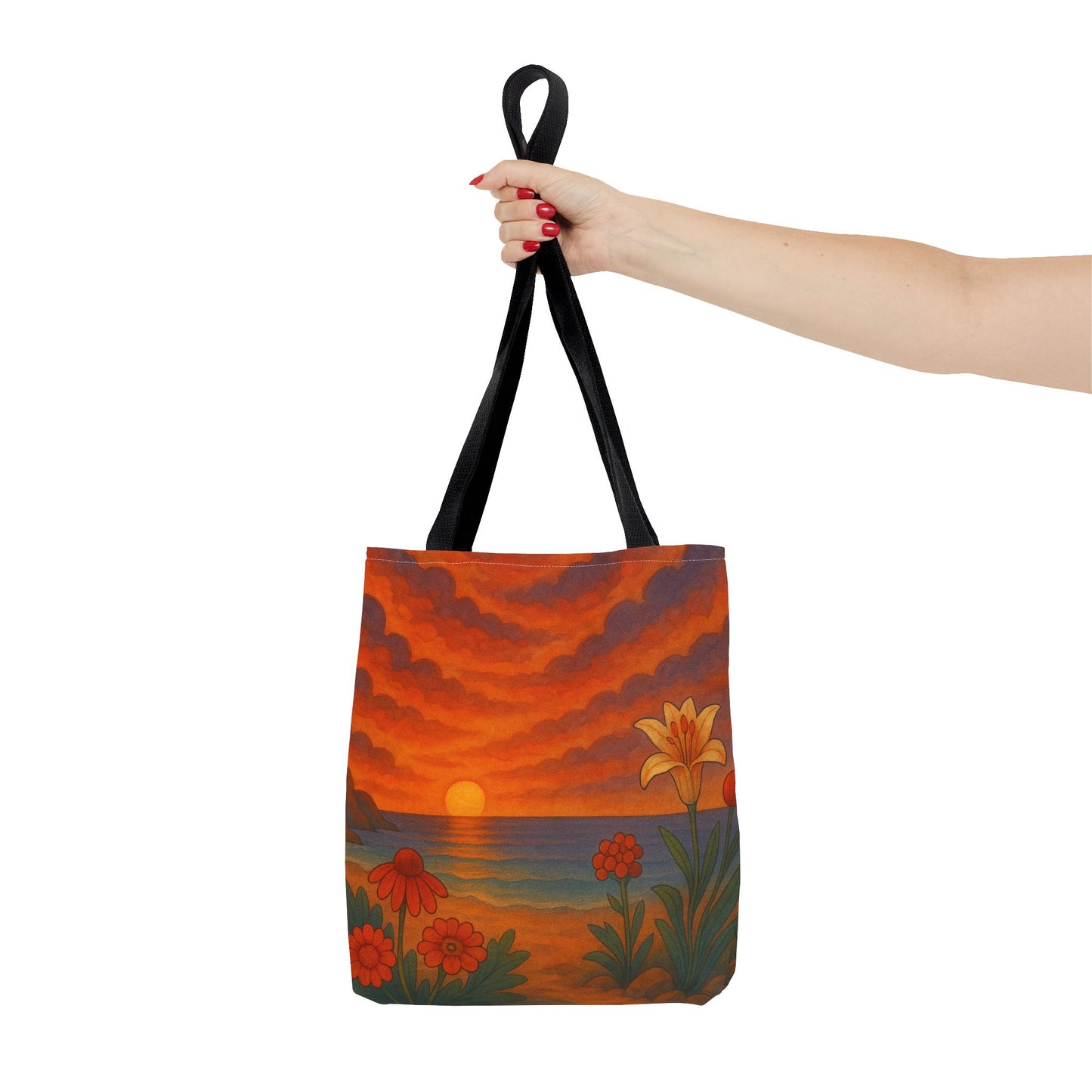 Retro Sunset Tote Bag with Wildflowers – Vibrant Floral Landscape Art, Nature-Inspired Reusable Bag, 70s Style Summer Accessory