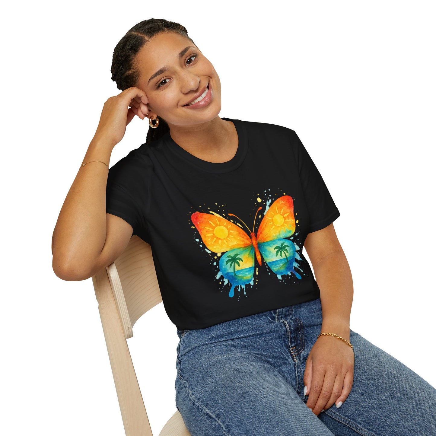 Butterfly Sunset Beach Tee - Ocean & Palm Watercolor Butterfly T-Shirt, Coastal Boho Graphic, Nature Lover Gift, Unisex Casual Tee