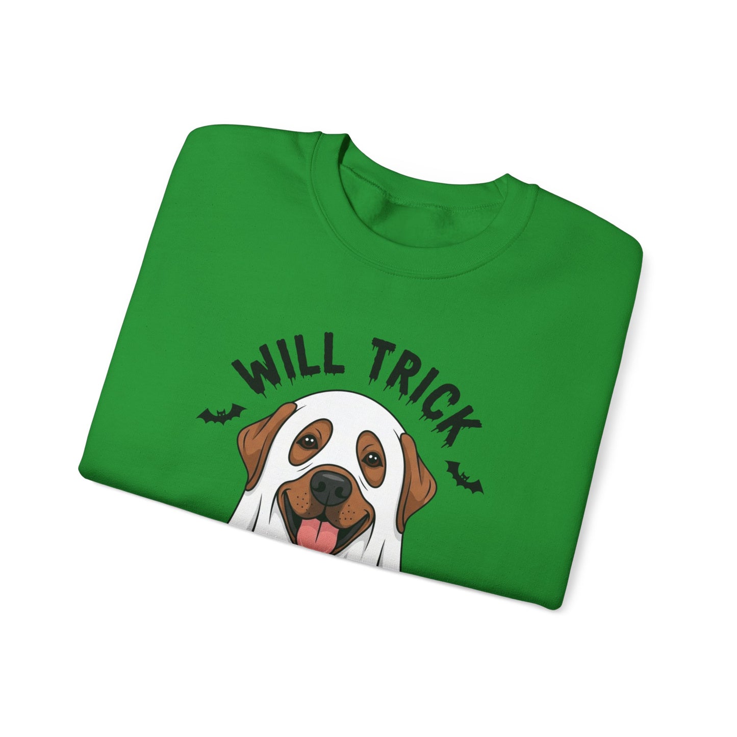 Will Trick for Treat Sweatshirt, Ghost Dog Halloween Crewneck, Funny Pet Costume Graphic Pullover, Trick-or-Treat Dog Lover Gift Sweater