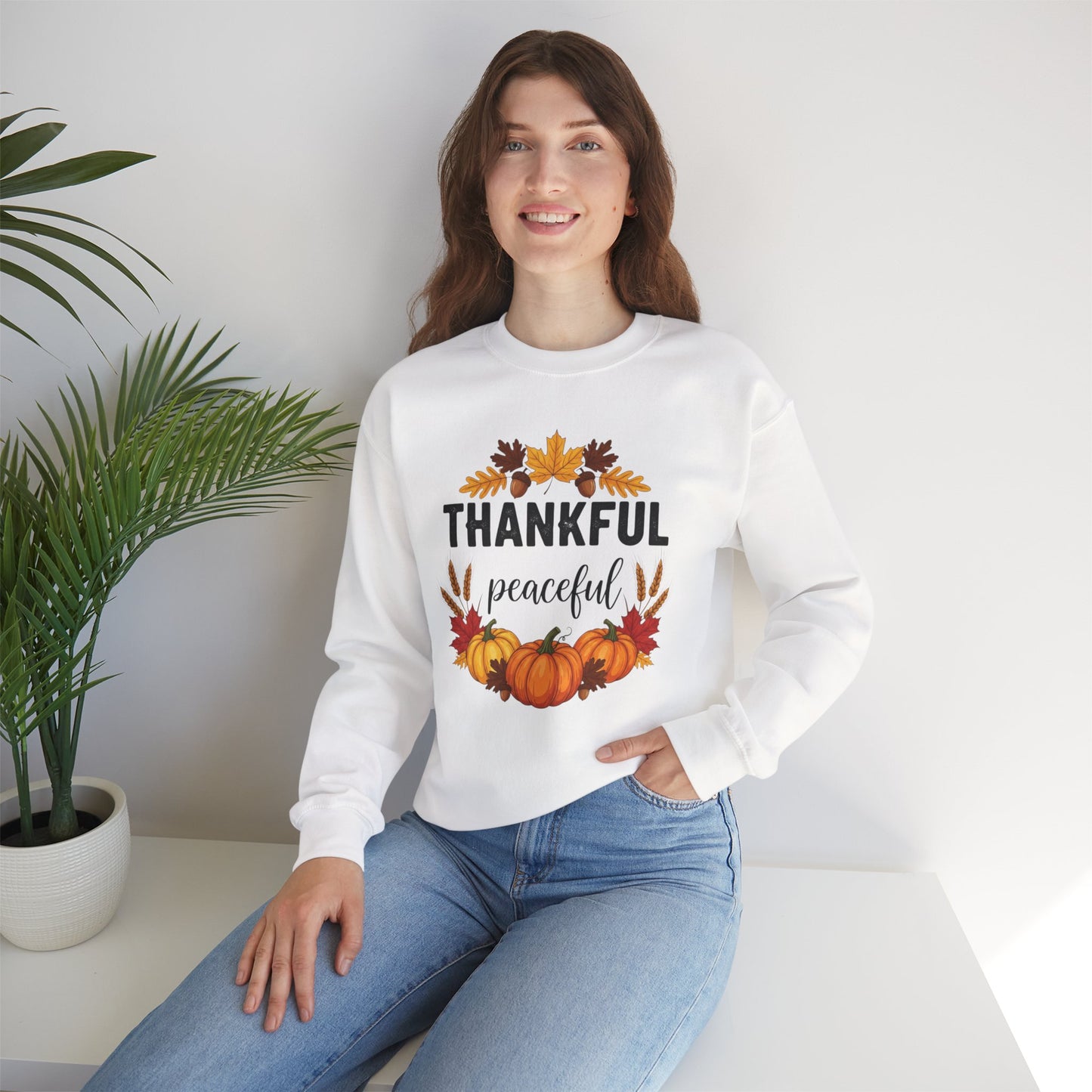 Thankful Peaceful Fall Sweatshirt, Autumn Pumpkin Crewneck, Thanksgiving Sweater, Cozy Seasonal Pullover, Gratitude Gift For Women Men