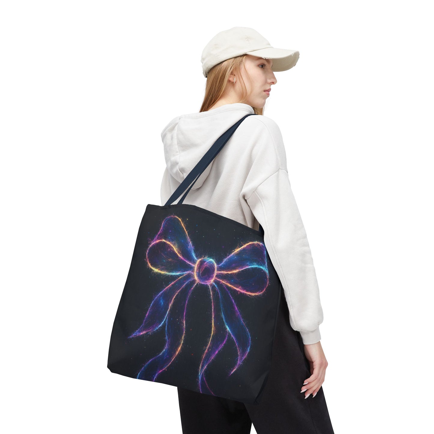 Galaxy Glow Bow Tote Bag, Cosmic Neon Ribbon Design, Black Space Art Bag, Celestial Gift For Her, Stylish Reusable Everyday Tote