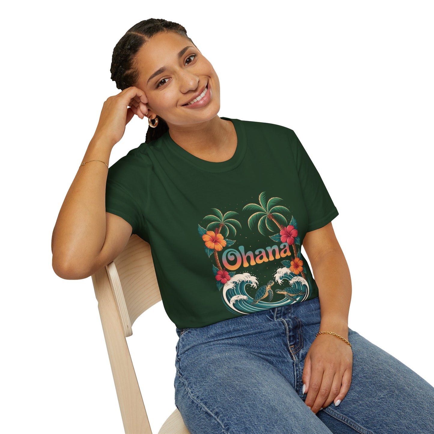 Ohana Shirt - Retro Hawaiian Sea Turtle & Palm Tree Graphic Tee - Tropical Beach Family Gift, Summer Vacation Aesthetic T-Shirt