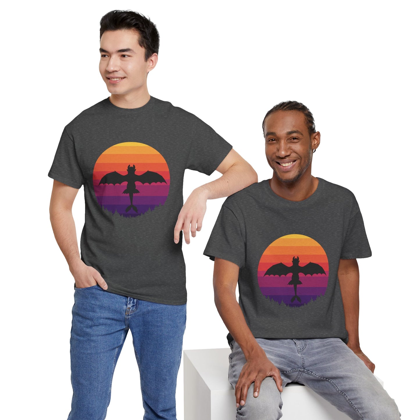 Night Dragon Sunset T-Shirt | Retro Dragon Silhouette Tee | Fantasy Dragon Shirt | Unisex Graphic Tee | Gift for Dragon Lovers