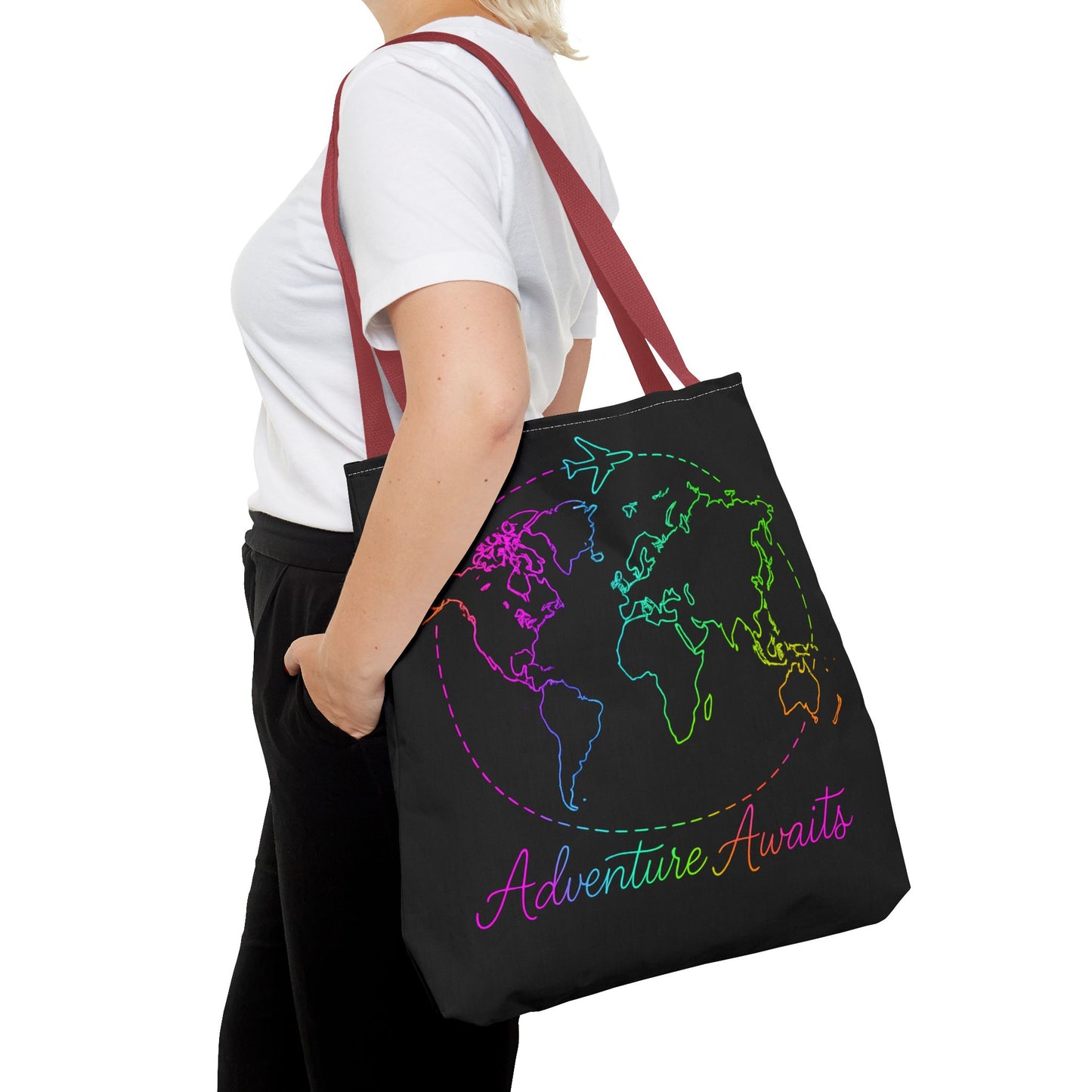 Adventure Awaits Neon Tote Bag - Y2K Rainbow World Map and Plane Travel Tote, Reusable Canvas Tote for Airport, Beach, Market + Gift
