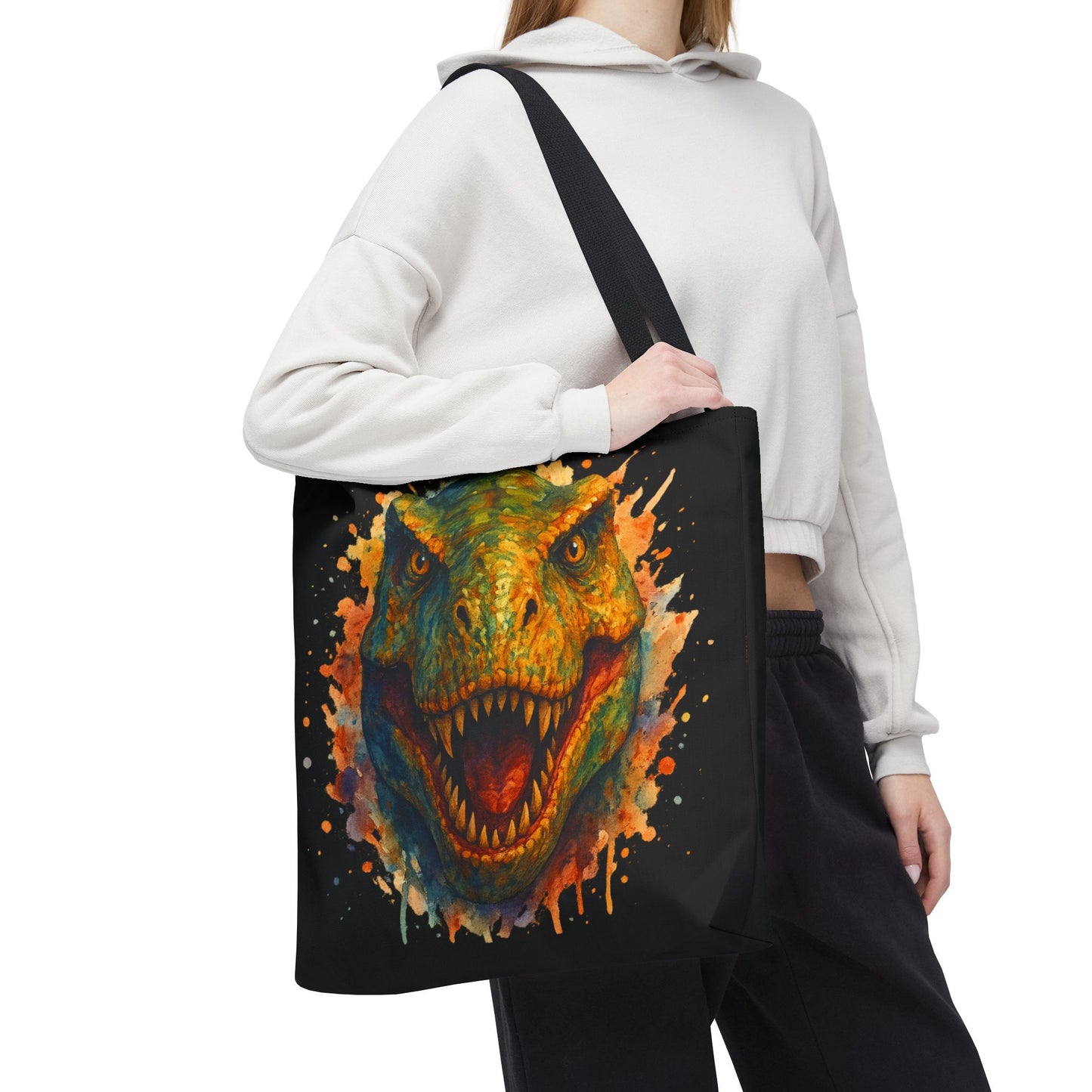 T-Rex Watercolor Tote Bag - 100% Polyester Canvas, Vibrant Dinosaur Art Bag, Reusable Beach-Market Tote, Dino Lover Gift, Bold Style