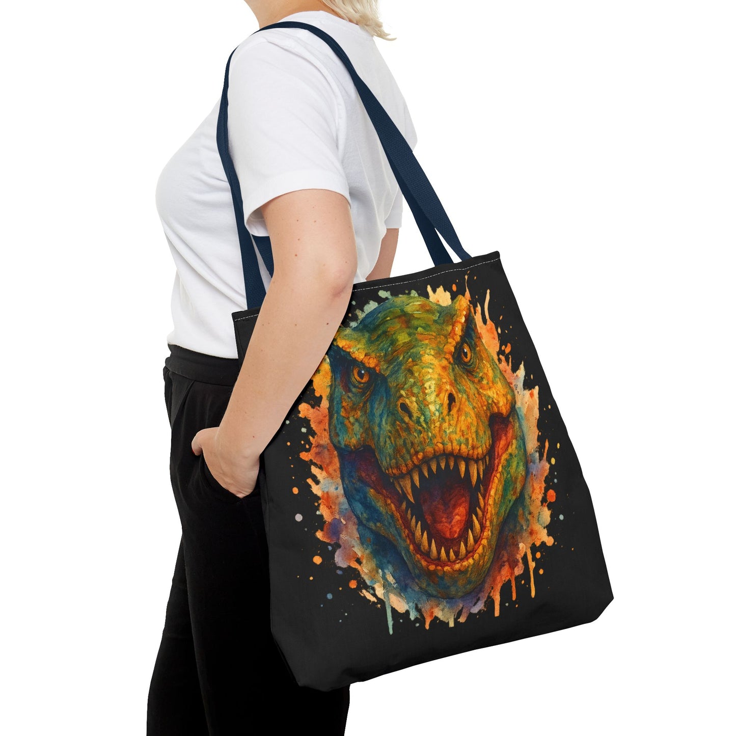 T-Rex Watercolor Tote Bag - 100% Polyester Canvas, Vibrant Dinosaur Art Bag, Reusable Beach-Market Tote, Dino Lover Gift, Bold Style