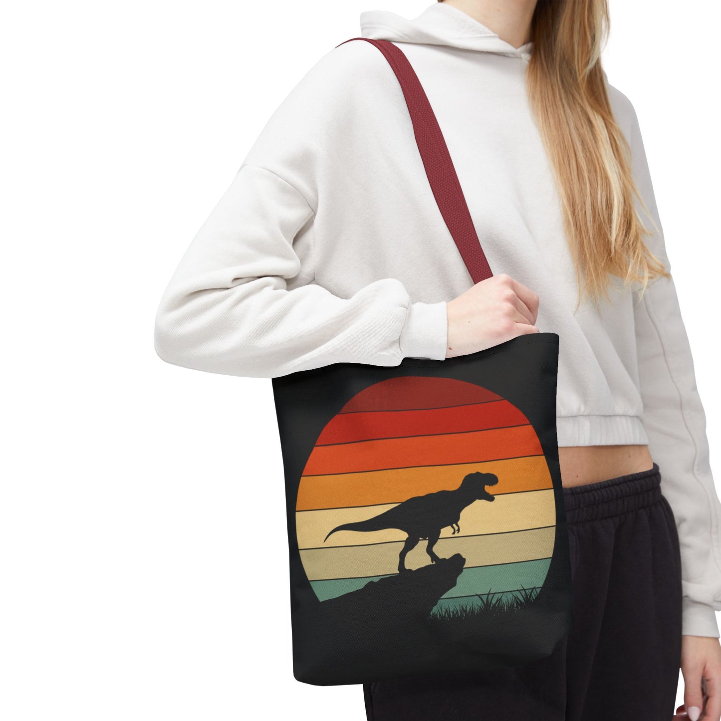 Retro Dinosaur Sunset Tote Bag | AOP Canvas Shopper - Eco Beach Bag for Dino Lovers and Kids, All-Over Print Summer Travel Gift
