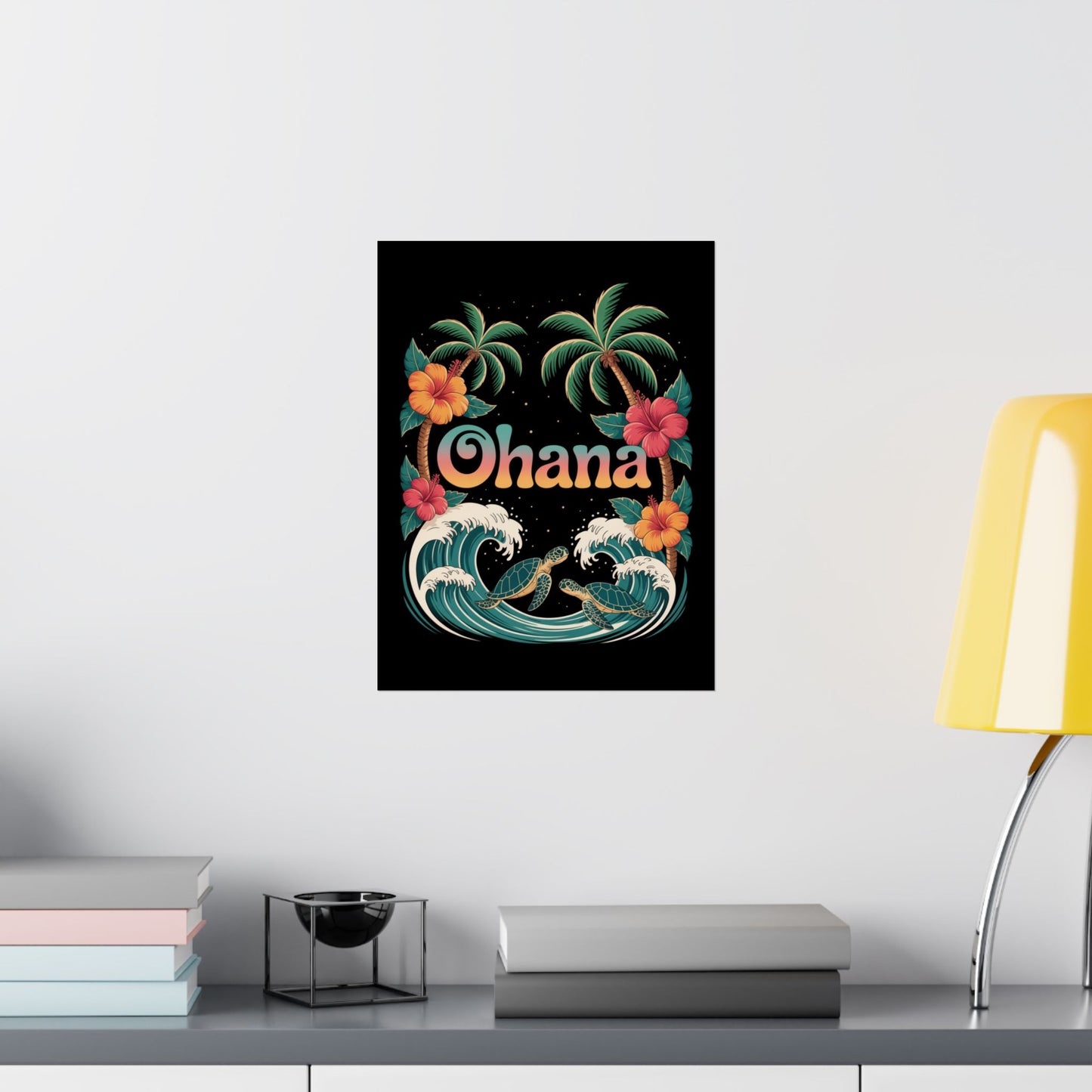 Ohana Hawaiian Wall Art - Tropical Beach Poster with Sea Turtles, Palm Trees & Hibiscus - Island Family Decor for Home or Office