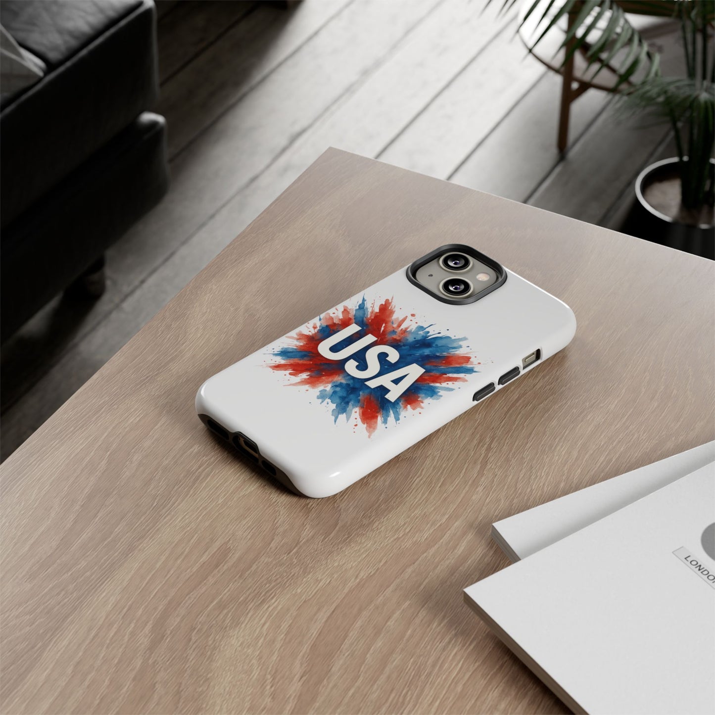 USA Splash iPhone Case - Patriotic Red White Blue Tough Cover, Dual-Layer Protection, 4th of July Memorial Day Gift
