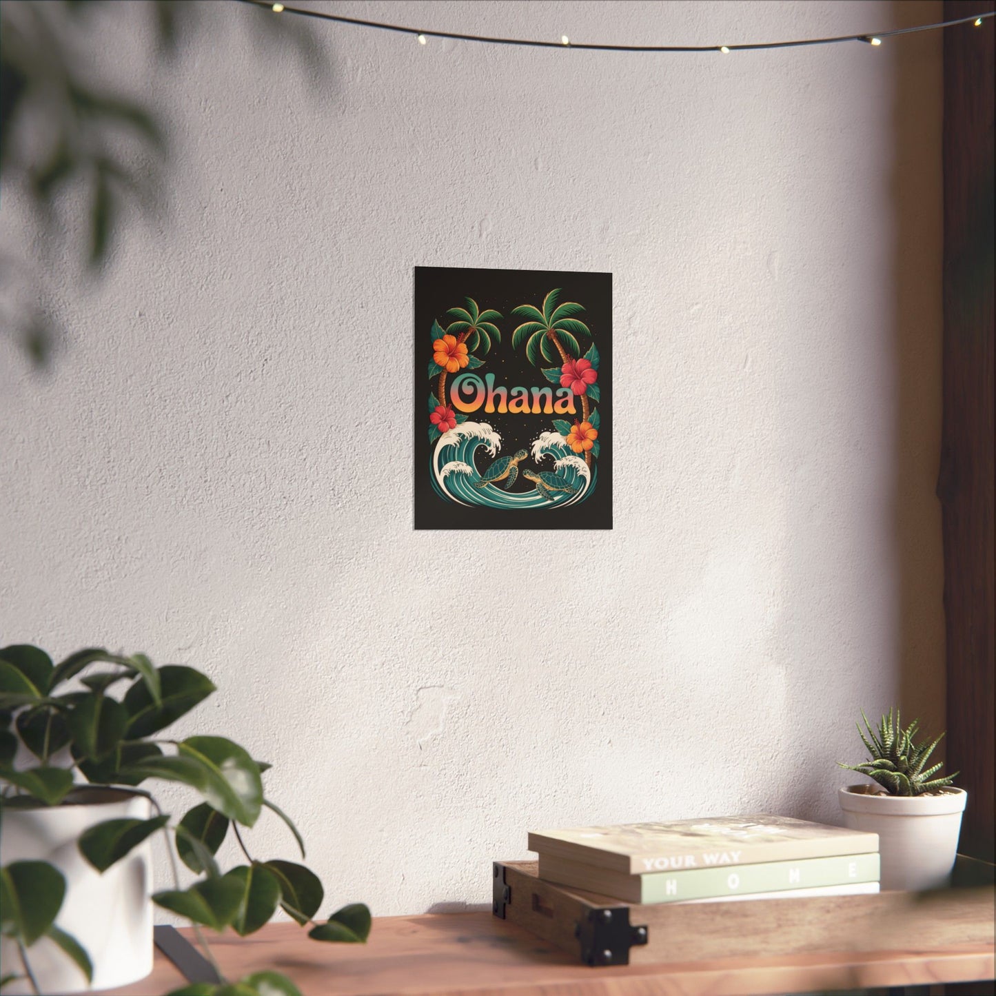 Ohana Hawaiian Wall Art - Tropical Beach Poster with Sea Turtles, Palm Trees & Hibiscus - Island Family Decor for Home or Office