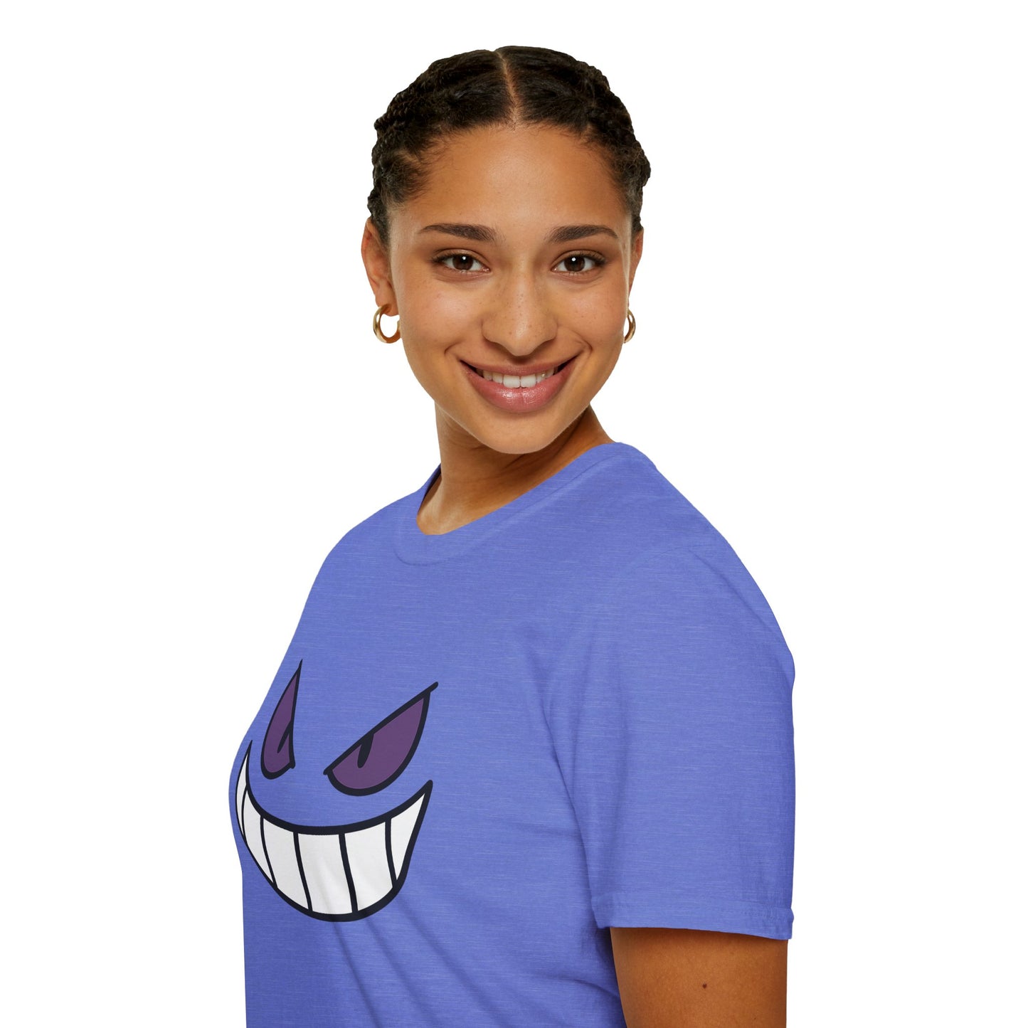 Mischievous Shadow Face Tee - Purple Eyes and Big Grin Graphic Shirt | Spooky Cute Gift, Retro Gaming Vibe, Funny Halloween Unisex Top