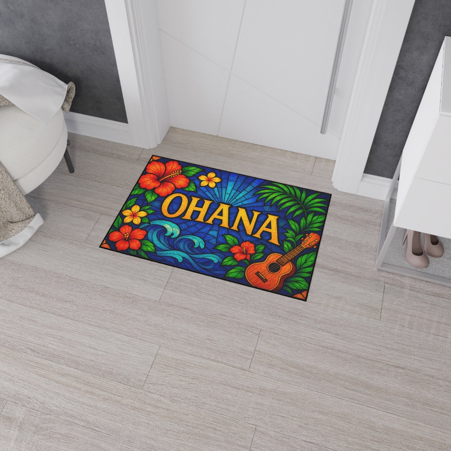 Ohana Welcome Mat - Tropical Hawaiian Rug for Entryway or Kitchen, Family Theme Doormat with Floral Aloha Vibes, Indoor Home Decor