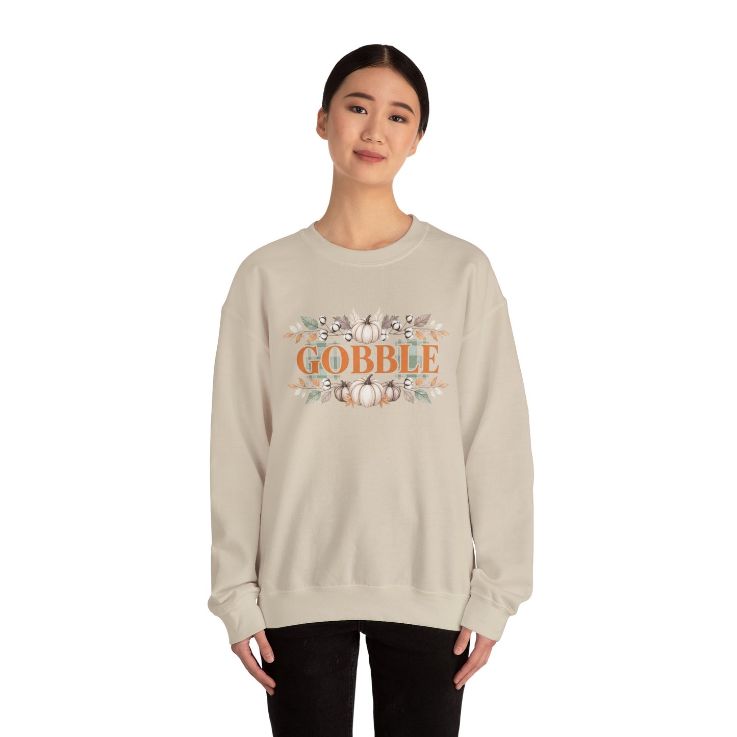 Gobble Thanksgiving Sweatshirt, Neutral Fall Pumpkin Crewneck, Autumn Cotton Stems Leaves Pullover, Cozy Rustic Thanksgiving Top