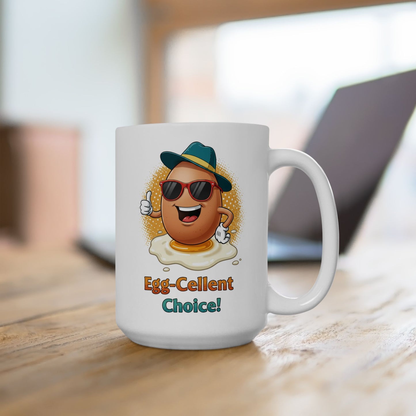 Egg-Cellent Choice! Funny Cartoon Egg Mug with Sunglasses & Hat – Cute Breakfast Ceramic Coffee Cup – Punny Gift for Egg Lovers