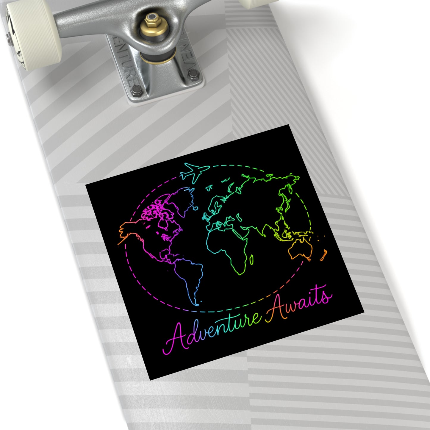 Adventure Awaits Neon Travel Sticker - Y2K Rainbow World Map Vinyl Decal for Luggage, Laptop and Water Bottle - Wanderlust Aesthetic