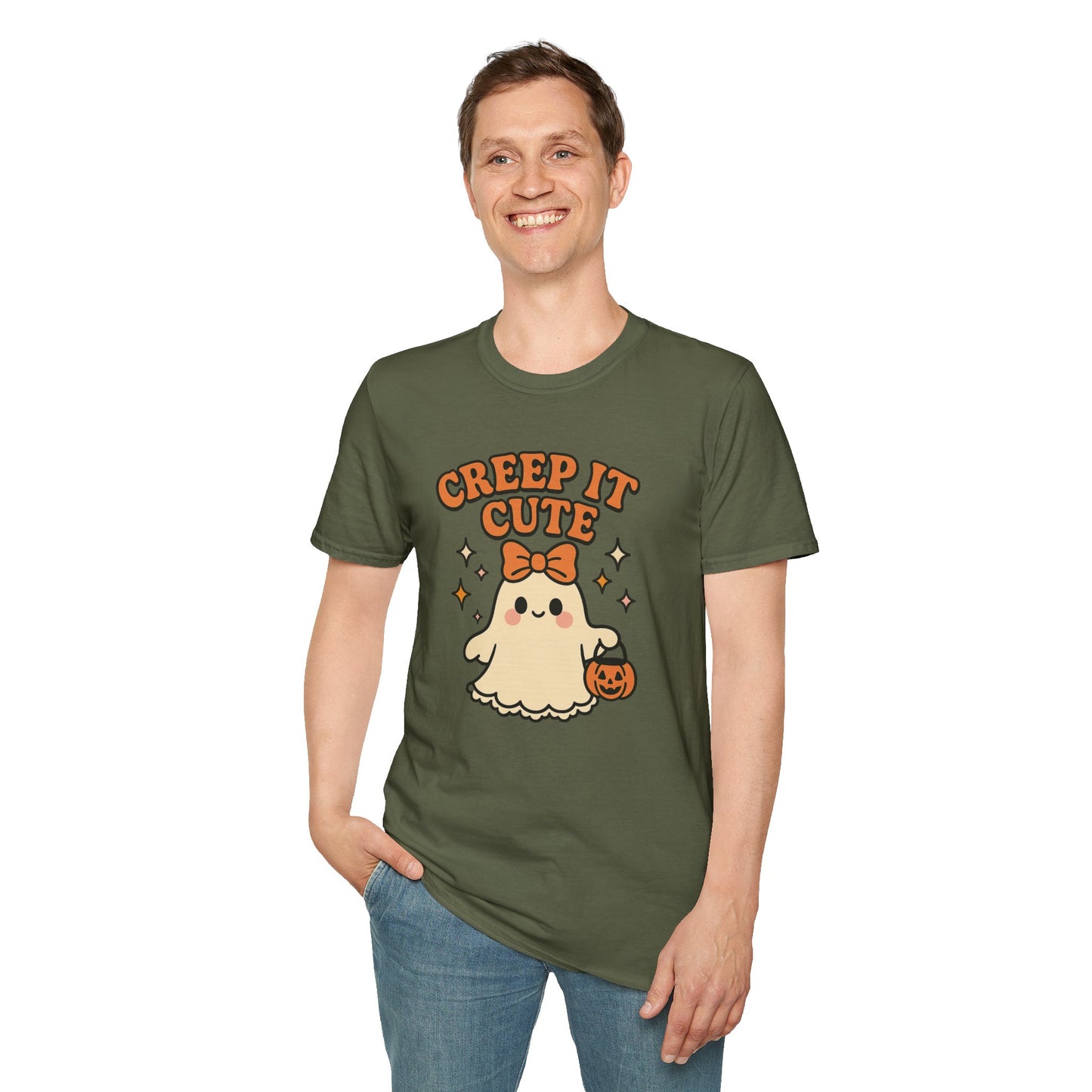 Creep It Cute Ghost Halloween Shirt - Kawaii Ghost Tee with Bow and Pumpkin, Spooky-Cute Fall Graphic T-Shirt, Spooky Season Halloween Top