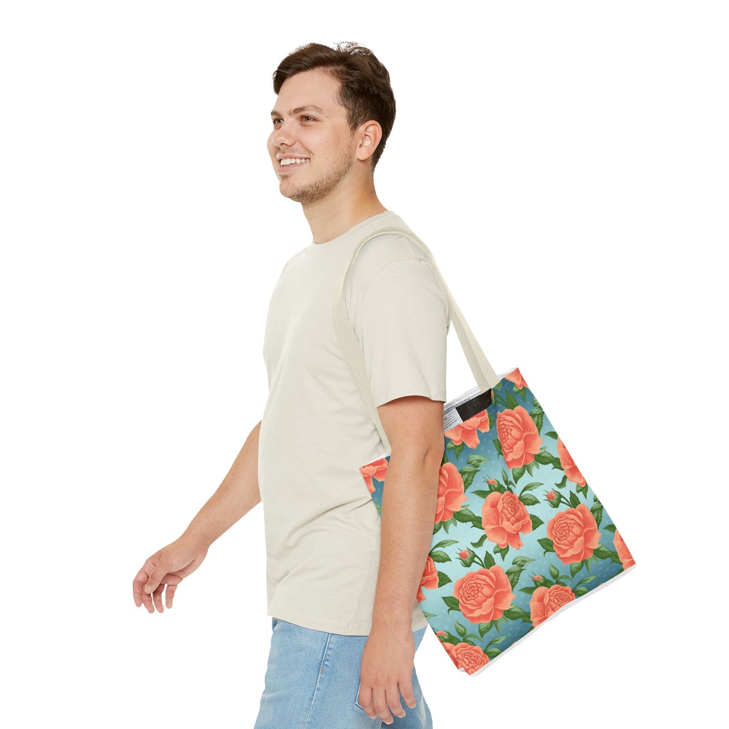 Vintage Floral Tote Bag – Coral Rose Pattern on Blue Background – Aesthetic Everyday Carry Bag – Reusable Fabric Market Tote Gift