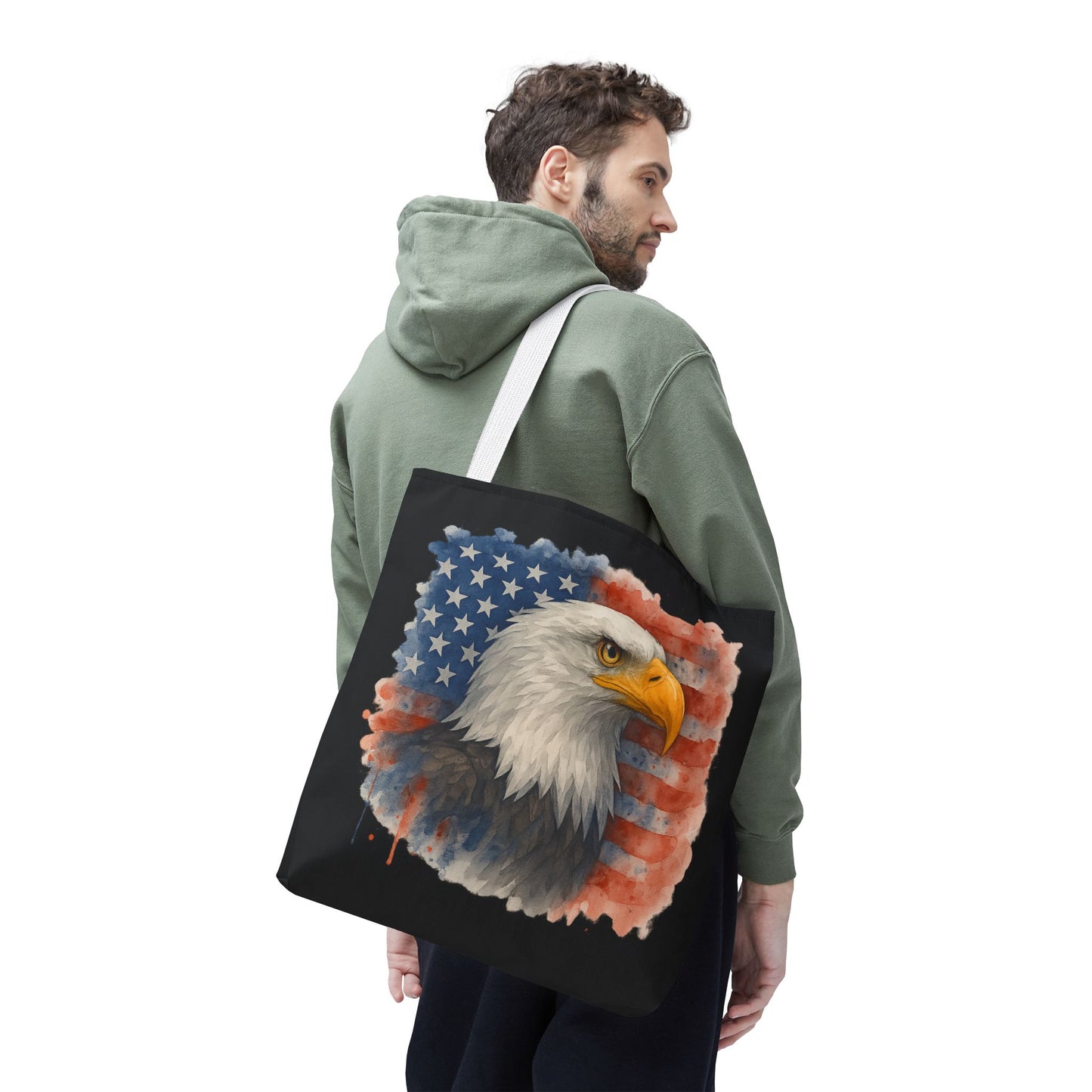 Patriotic Tote Bag with American Flag and Bald Eagle Watercolor Print 4th of July Bag Memorial Day Tote Veteran's Day Tote Bag
