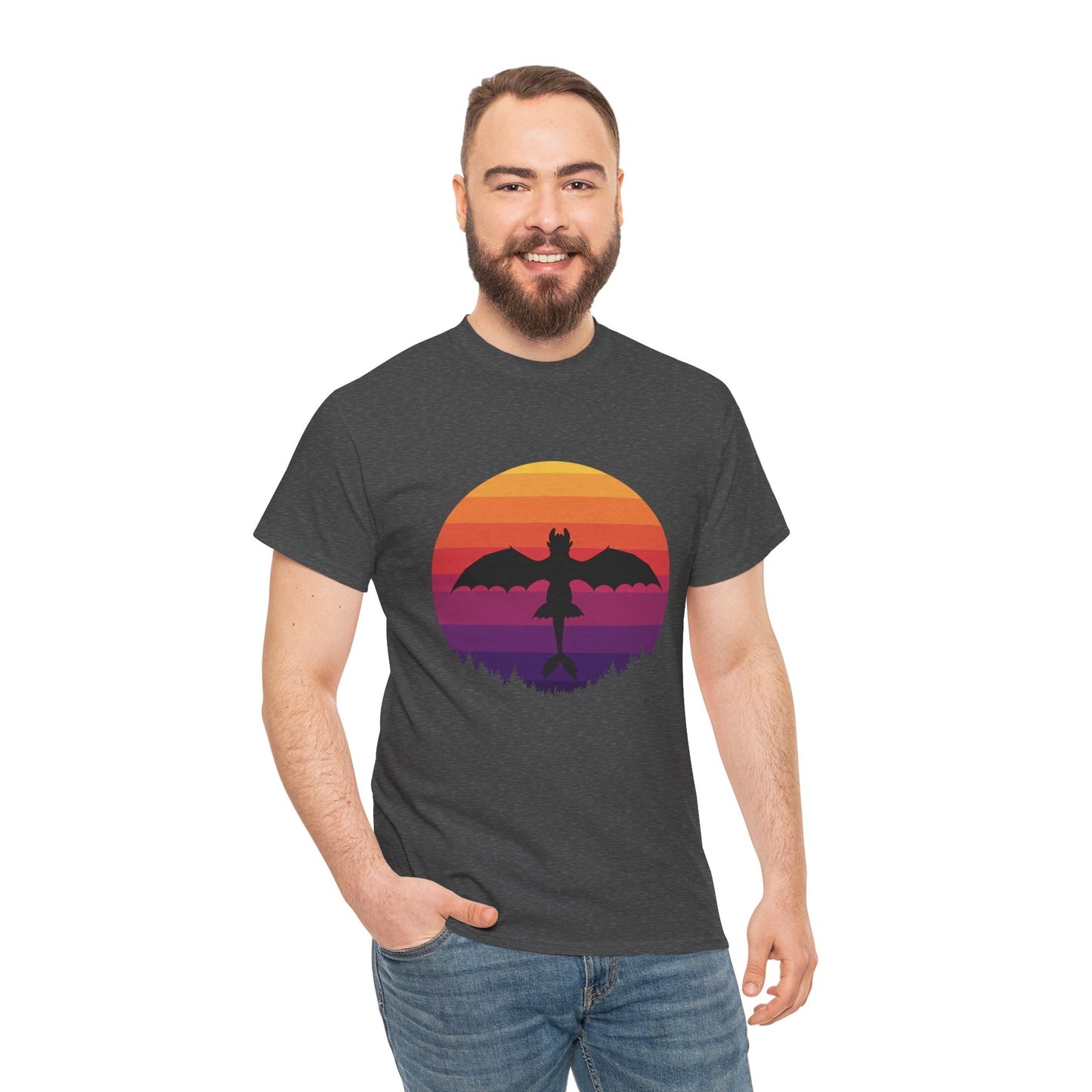 Night Dragon Sunset T-Shirt | Retro Dragon Silhouette Tee | Fantasy Dragon Shirt | Unisex Graphic Tee | Gift for Dragon Lovers