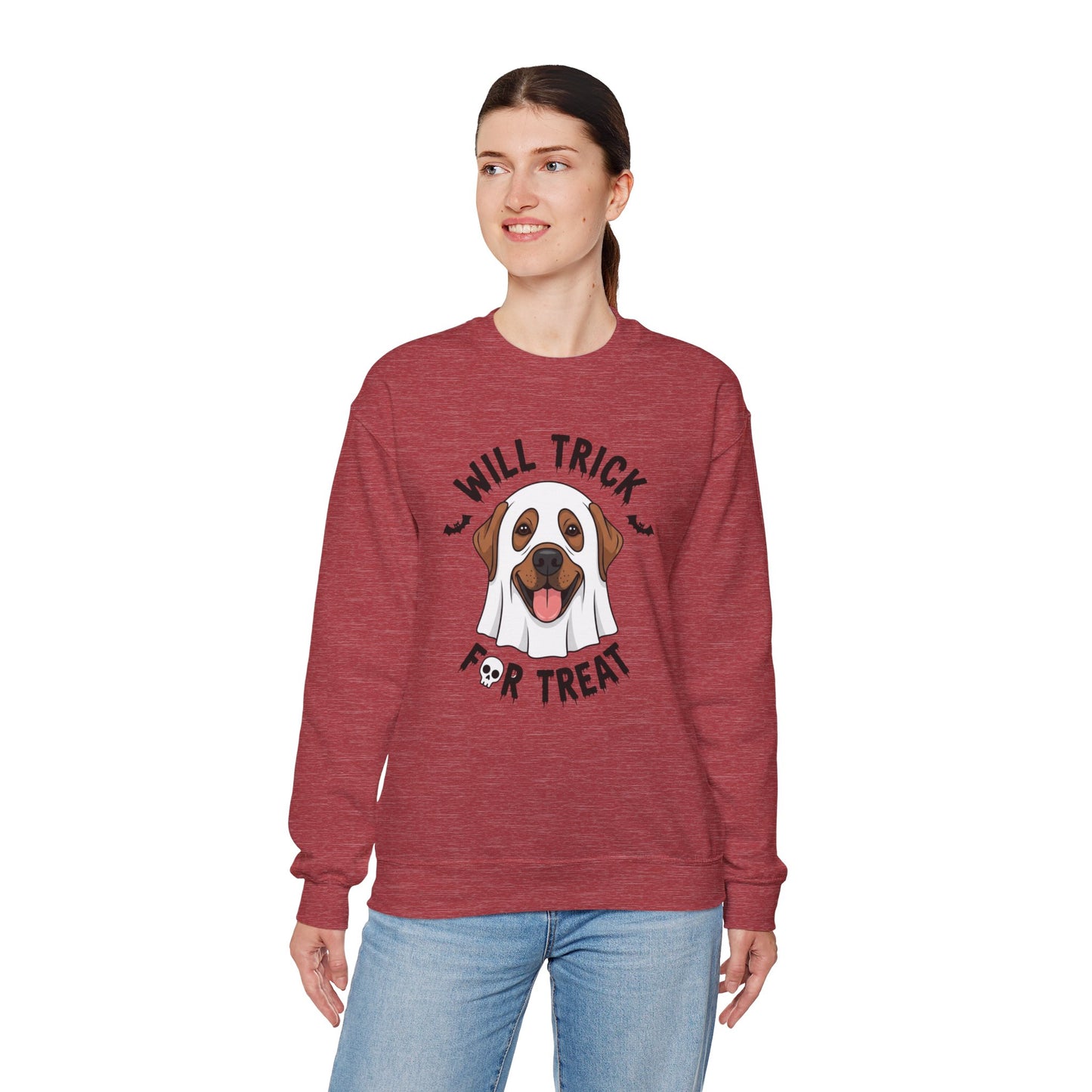 Will Trick for Treat Sweatshirt, Ghost Dog Halloween Crewneck, Funny Pet Costume Graphic Pullover, Trick-or-Treat Dog Lover Gift Sweater