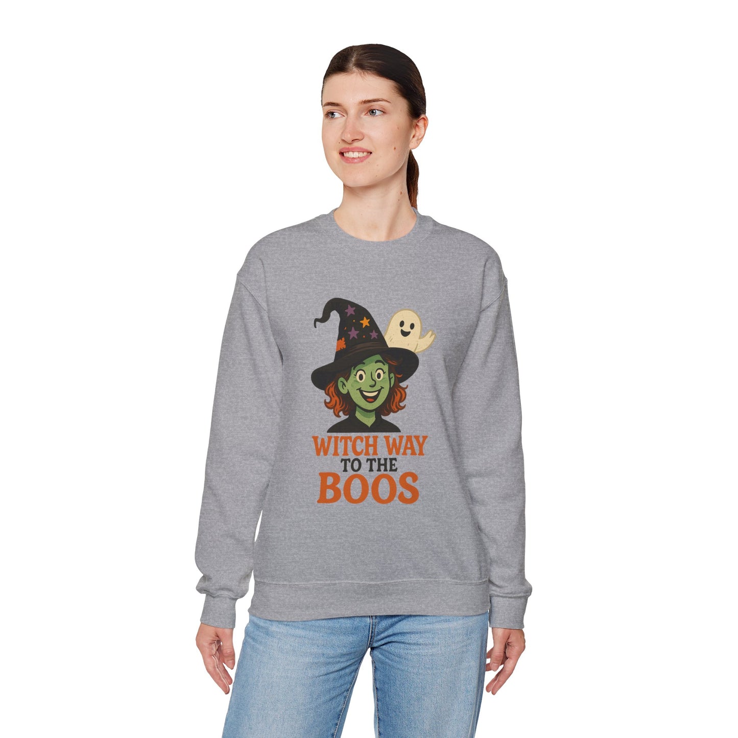 Witch Way To The Boos Sweatshirt, Funny Witch Halloween Crewneck, Witchy Ghost Sweatshirt, Spooky Season Graphic Pullover, Lighthearted Halloween Wear