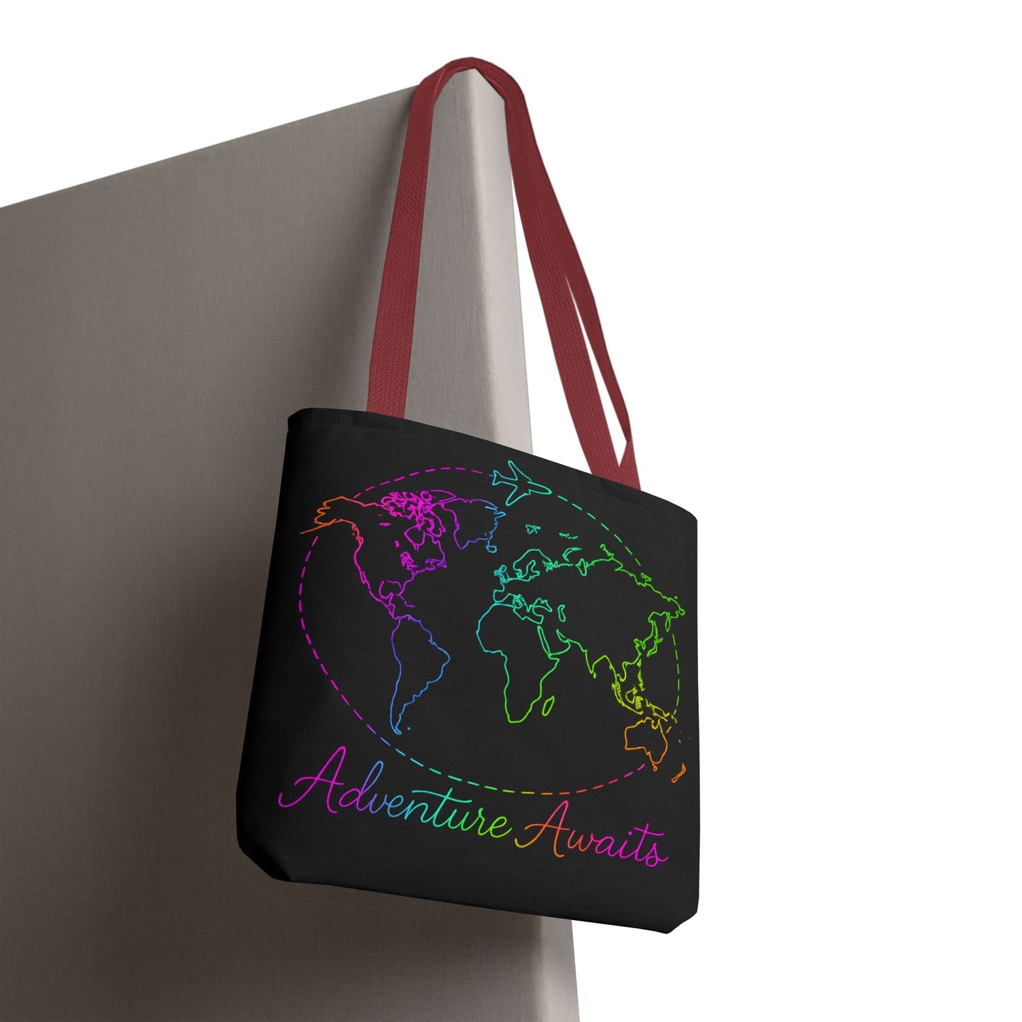 Adventure Awaits Neon Tote Bag - Y2K Rainbow World Map and Plane Travel Tote, Reusable Canvas Tote for Airport, Beach, Market + Gift