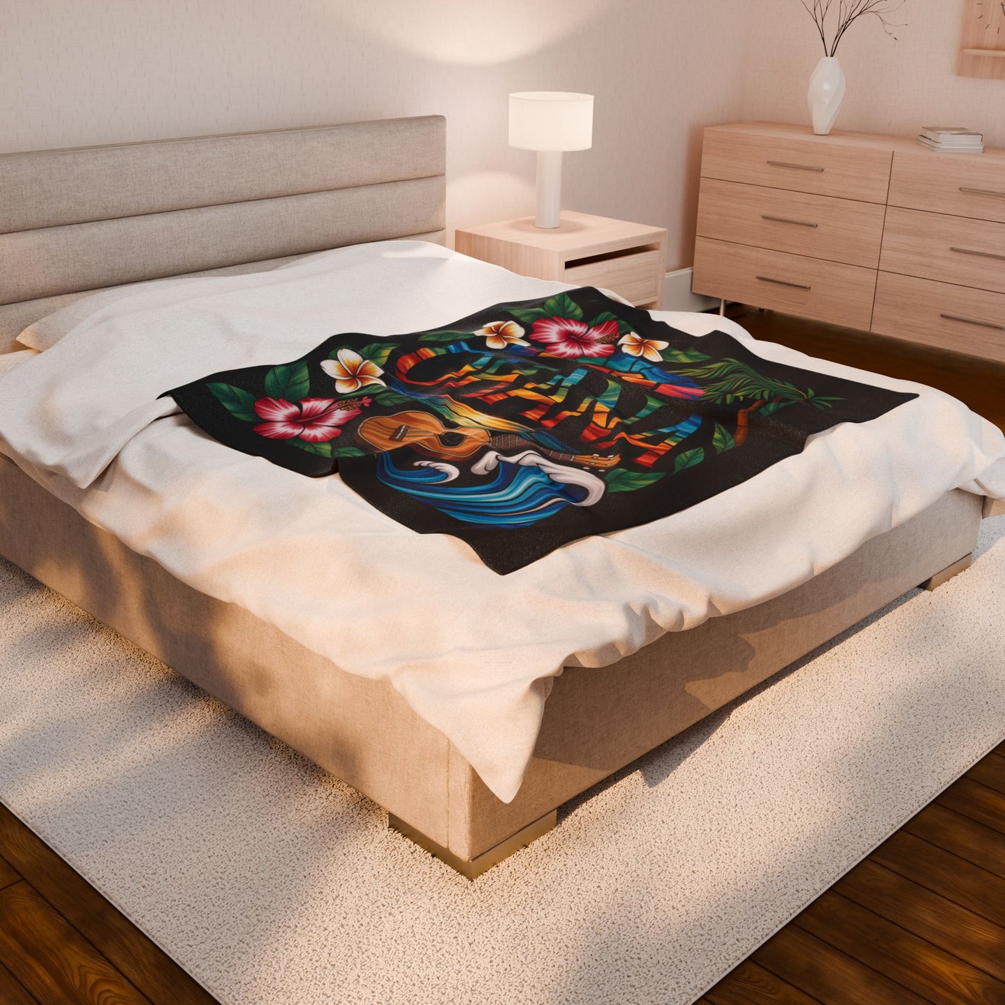 Hawaiian Ohana Blanket - Tropical Ukulele Sunset Throw with Hibiscus Flowers, Beach Waves - Cozy Island Vibes Bed Cover Gift