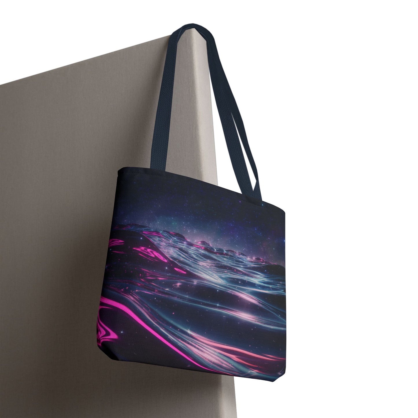 Neon Wave Horizon Tote Bag, Futuristic Ocean Design With Pink And Blue Light, Sci-Fi Aesthetic Reusable Tote For Travel, Gifts, And Everyday Use