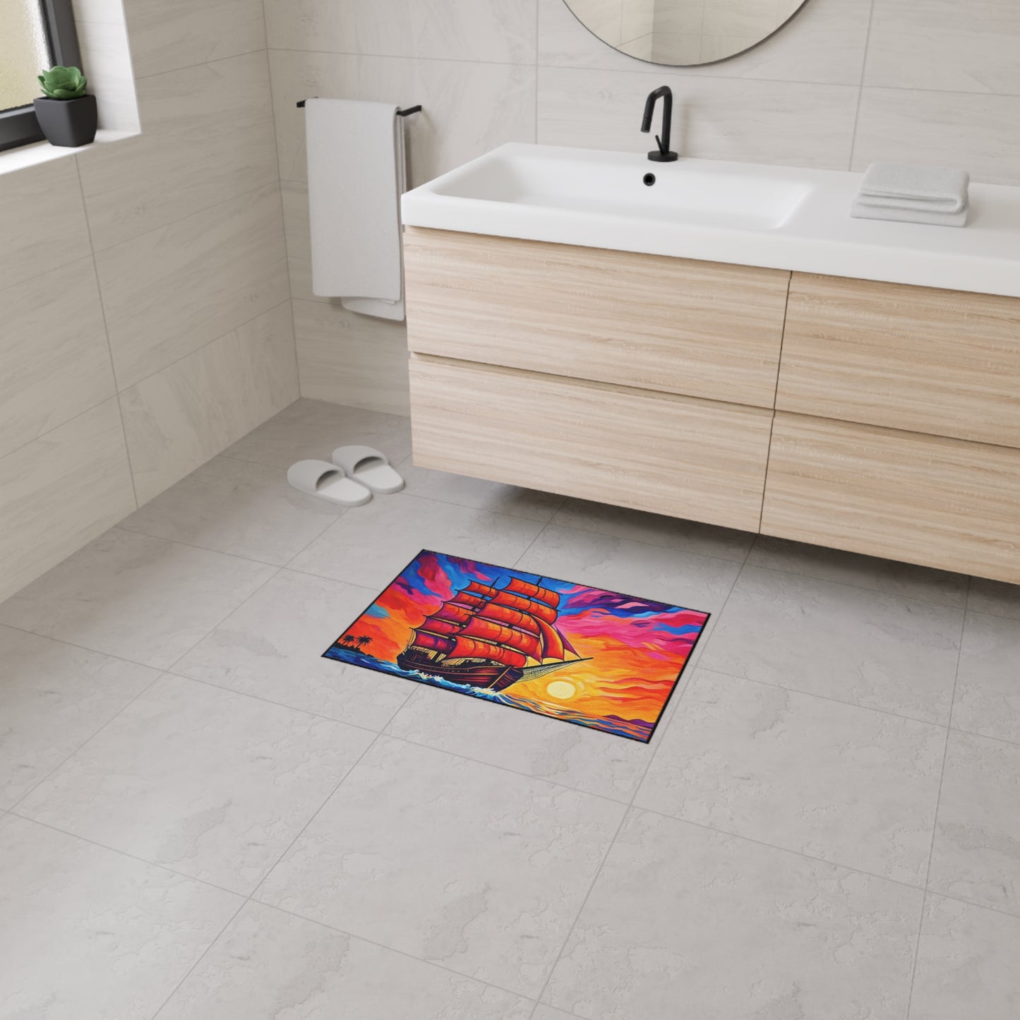 Floor Mat - Ship on Ocean at Sunset Painting