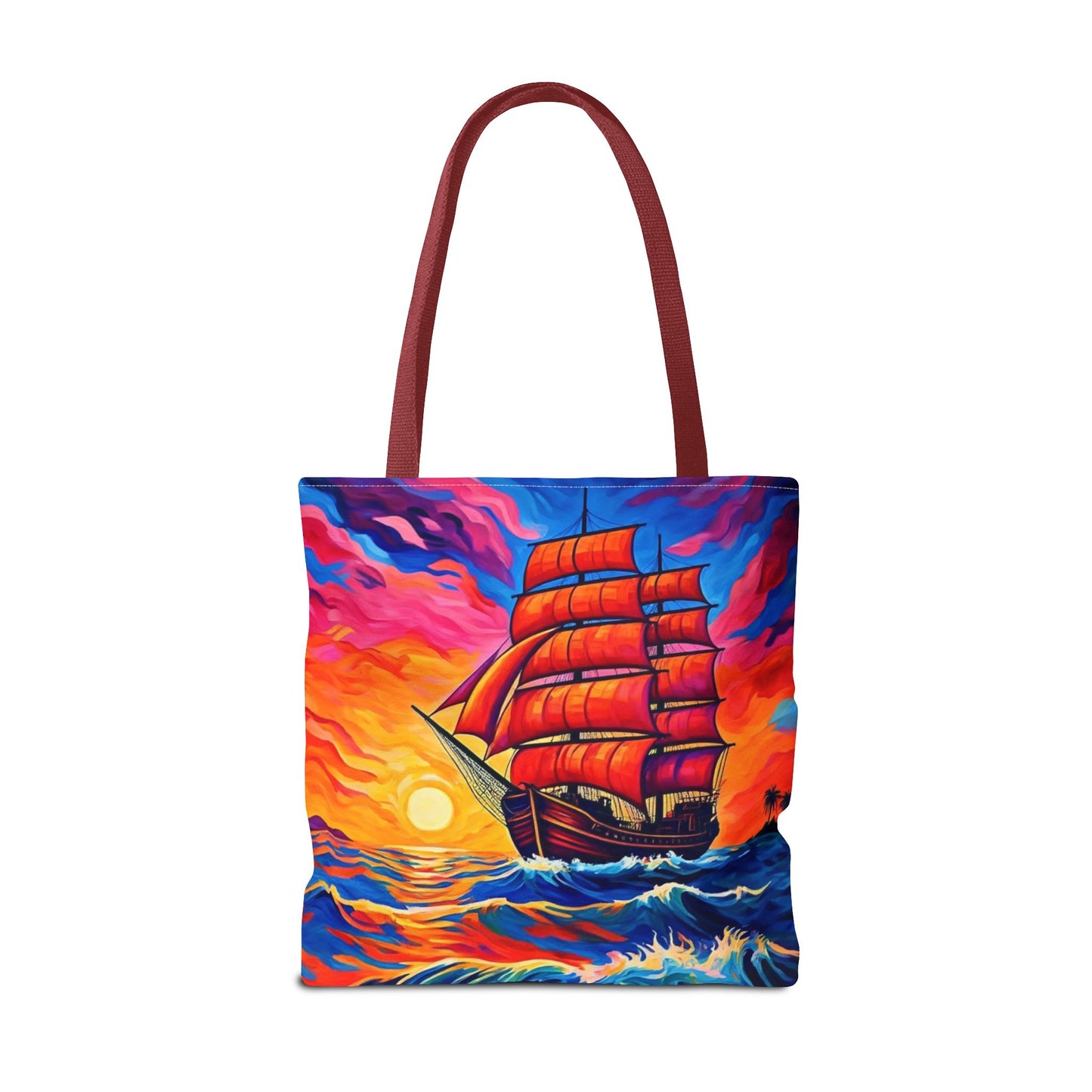 Crimson Voyage Tote Bag, Red Sailboat At Sunset Artistic Ocean Design, Nautical Reusable Tote For Beach, Travel, And Everyday Use