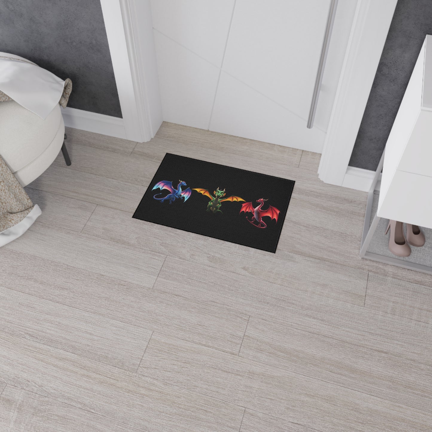 Fantasy Dragon Floor Mat - Non‑Slip Game Room Rug with Blue, Green and Red Dragons, Kids Room Decor, Durable Entrance Welcome Mat