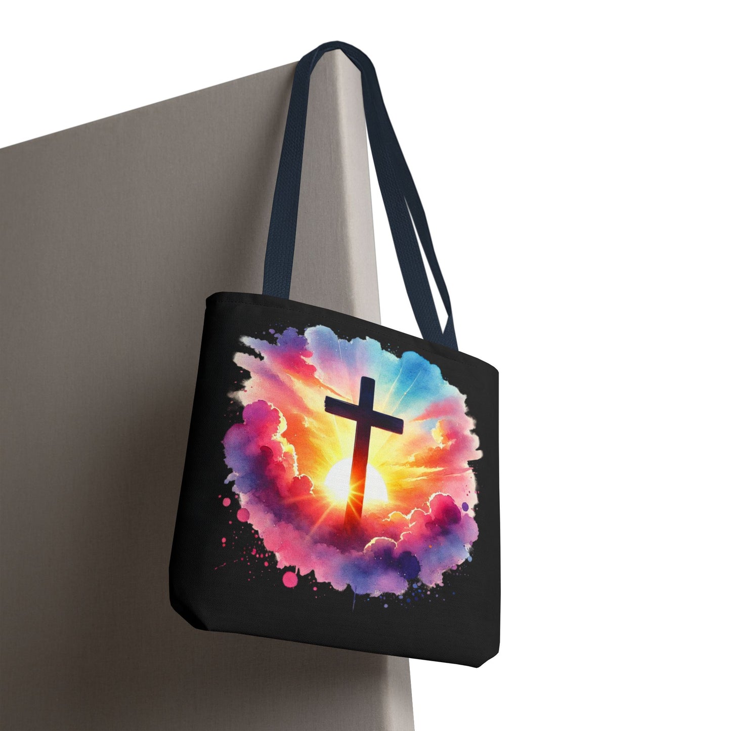 Inspirational Watercolor Sunrise Cross Tote Bag – Faith Art Canvas Tote, Christian Gift, Spiritual Aesthetic, Colorful Bible Verse Tote – Reusable Black Tote
