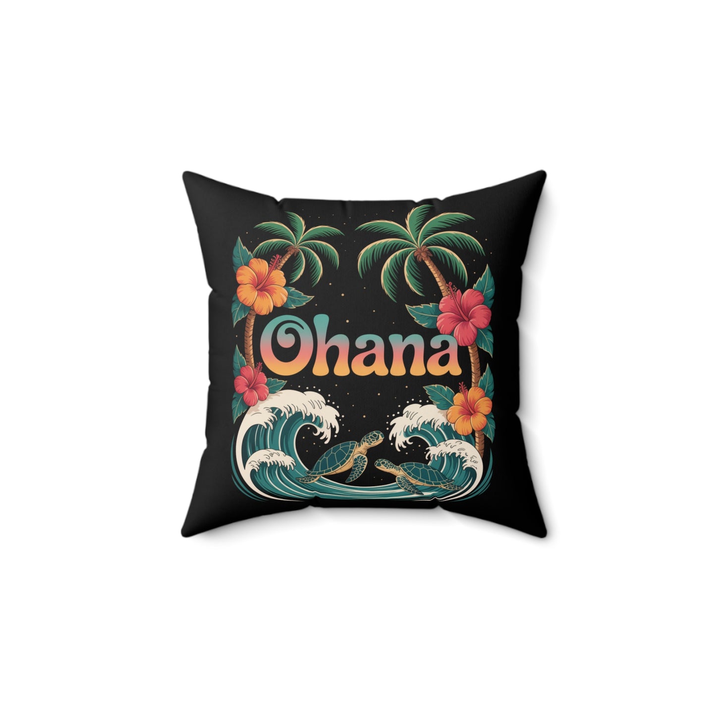 Ohana Pillow Hawaiian Decor | Tropical Throw Pillow with Turtles, Palm Trees & Flowers | Beach Vibes Home Gift Idea