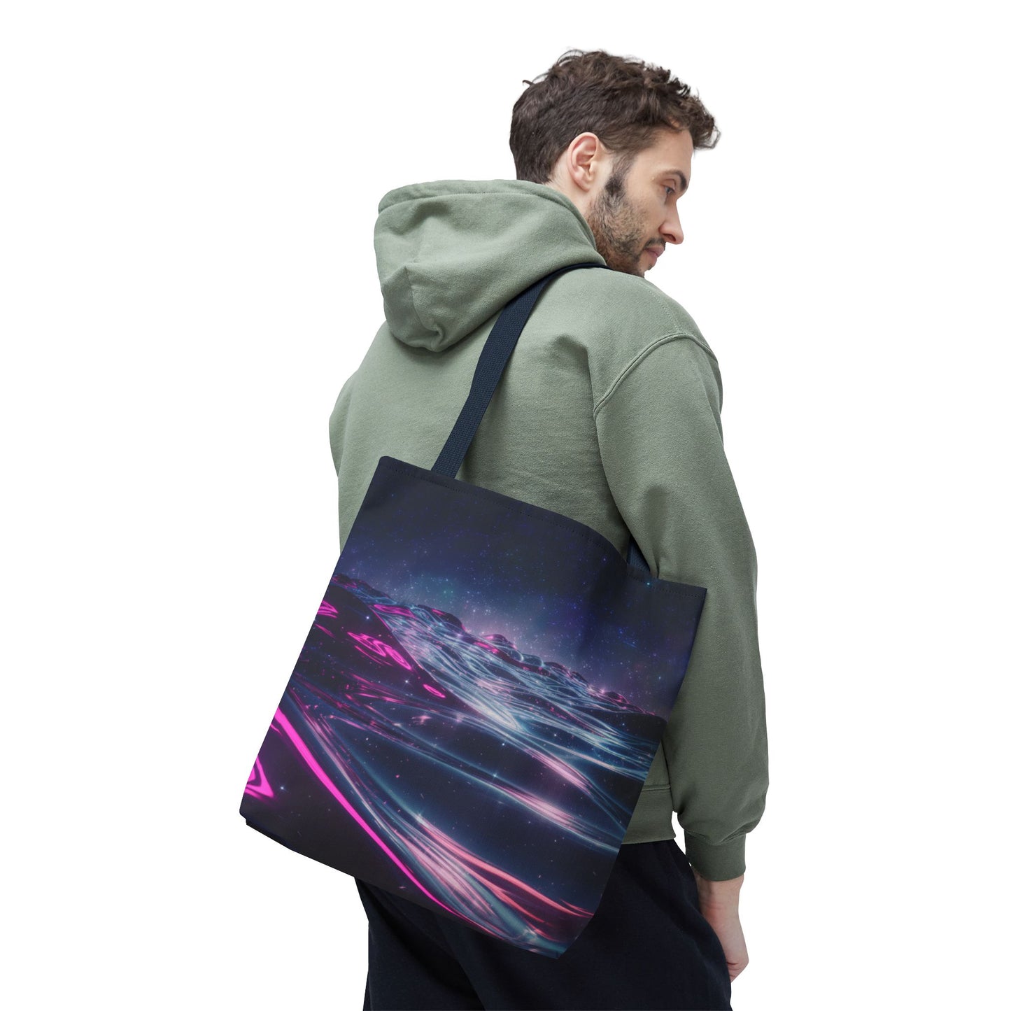 Neon Wave Horizon Tote Bag, Futuristic Ocean Design With Pink And Blue Light, Sci-Fi Aesthetic Reusable Tote For Travel, Gifts, And Everyday Use