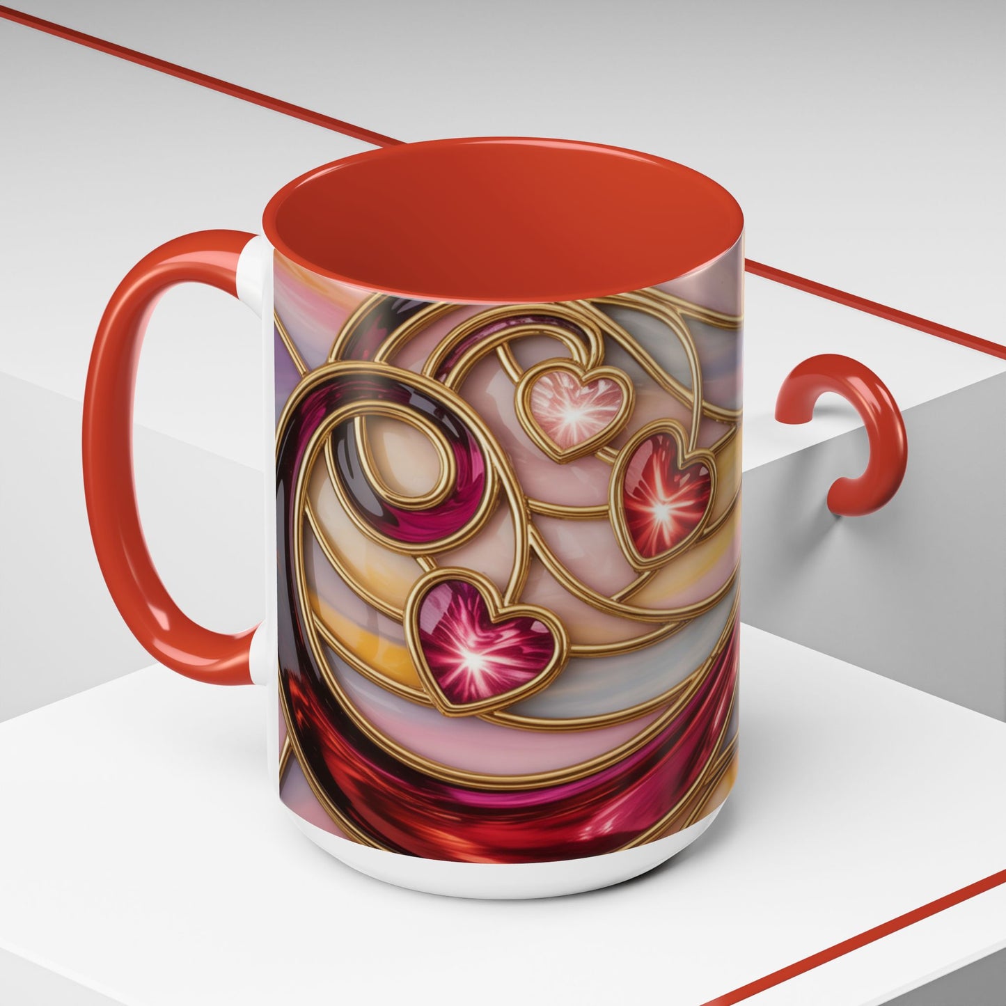 Stained Glass Heart Mug, Romantic Love Coffee Cup, Pink Red Gold Glass Style Mug, Valentine Gift For Her, Anniversary Wedding Decor