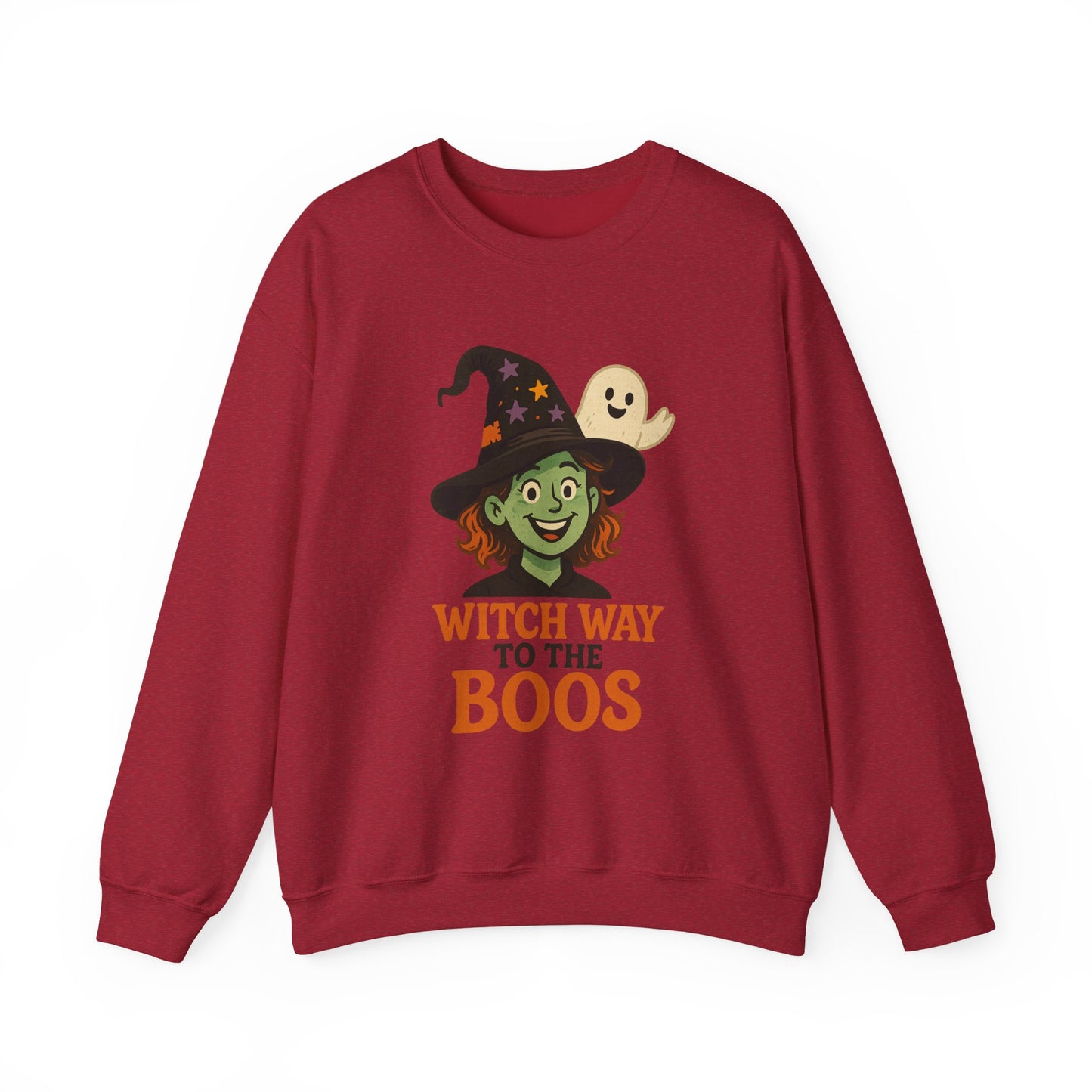 Witch Way To The Boos Sweatshirt, Funny Witch Halloween Crewneck, Witchy Ghost Sweatshirt, Spooky Season Graphic Pullover, Lighthearted Halloween Wear