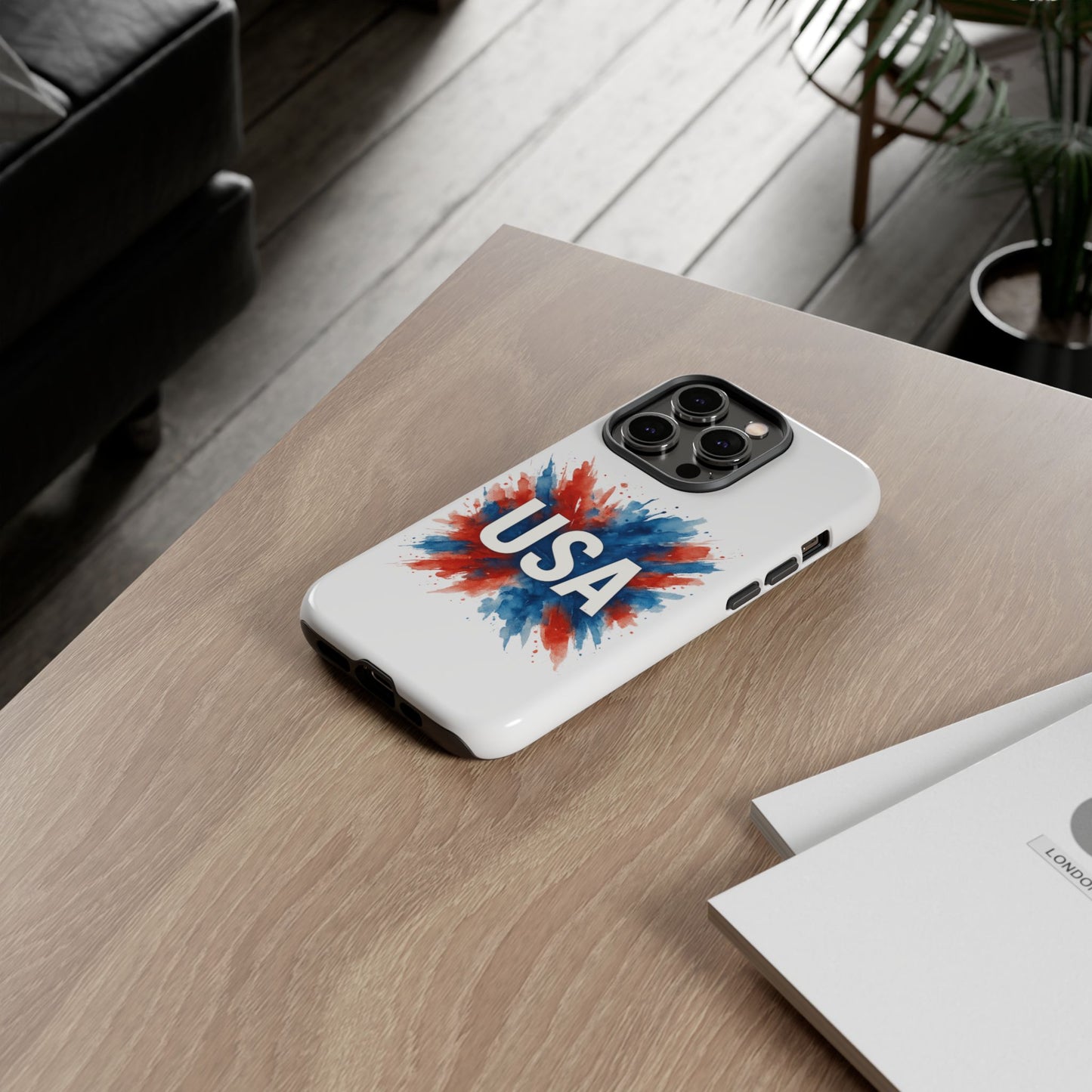 USA Splash iPhone Case - Patriotic Red White Blue Tough Cover, Dual-Layer Protection, 4th of July Memorial Day Gift