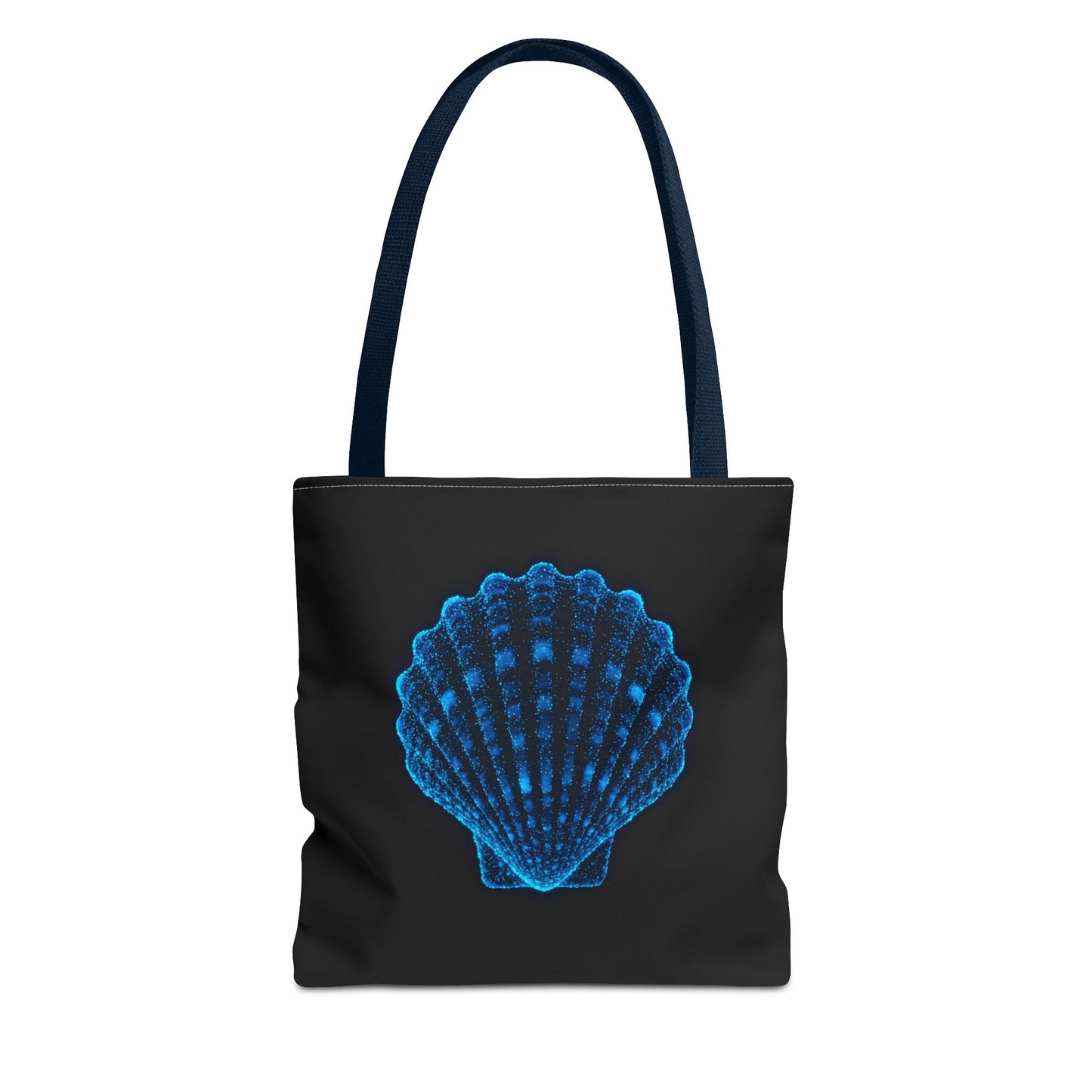 Neon Blue Shell Tote Bag – Digital Scallop Design Canvas Tote, Ocean Tech Art, Minimalist Beach Statement, Reusable Black Shopper Bag