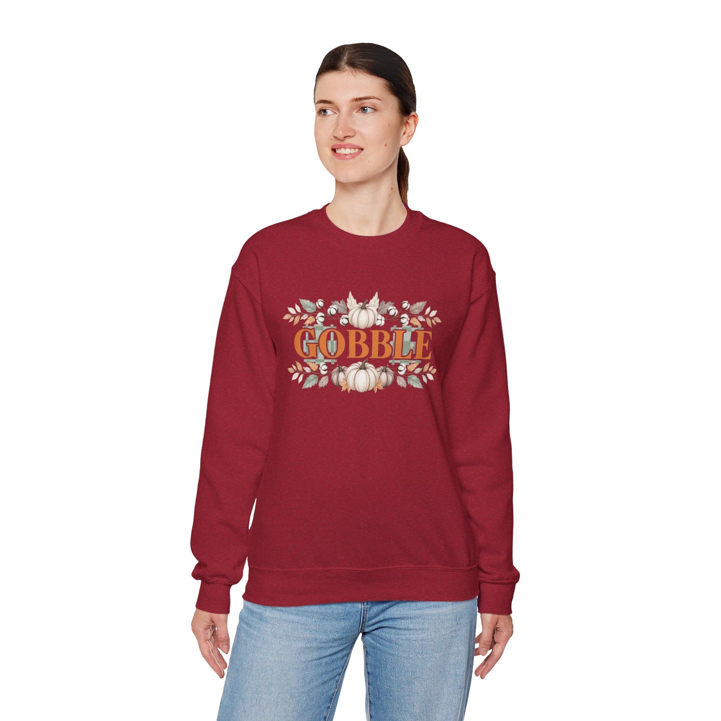Gobble Thanksgiving Sweatshirt, Neutral Fall Pumpkin Crewneck, Autumn Cotton Stems Leaves Pullover, Cozy Rustic Thanksgiving Top