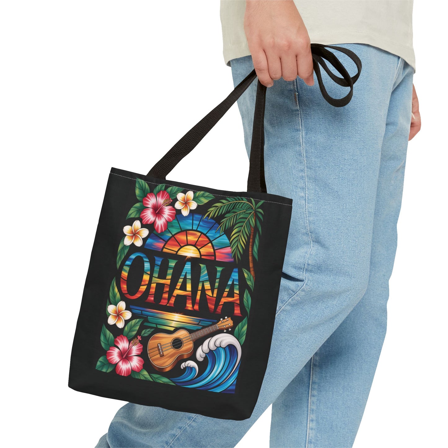 Ohana Tote Bag – Hawaiian Tropical Beach Bag with Ukulele, Sunset & Hibiscus Flowers, Island Gift for Women, Aloha Family Vibes