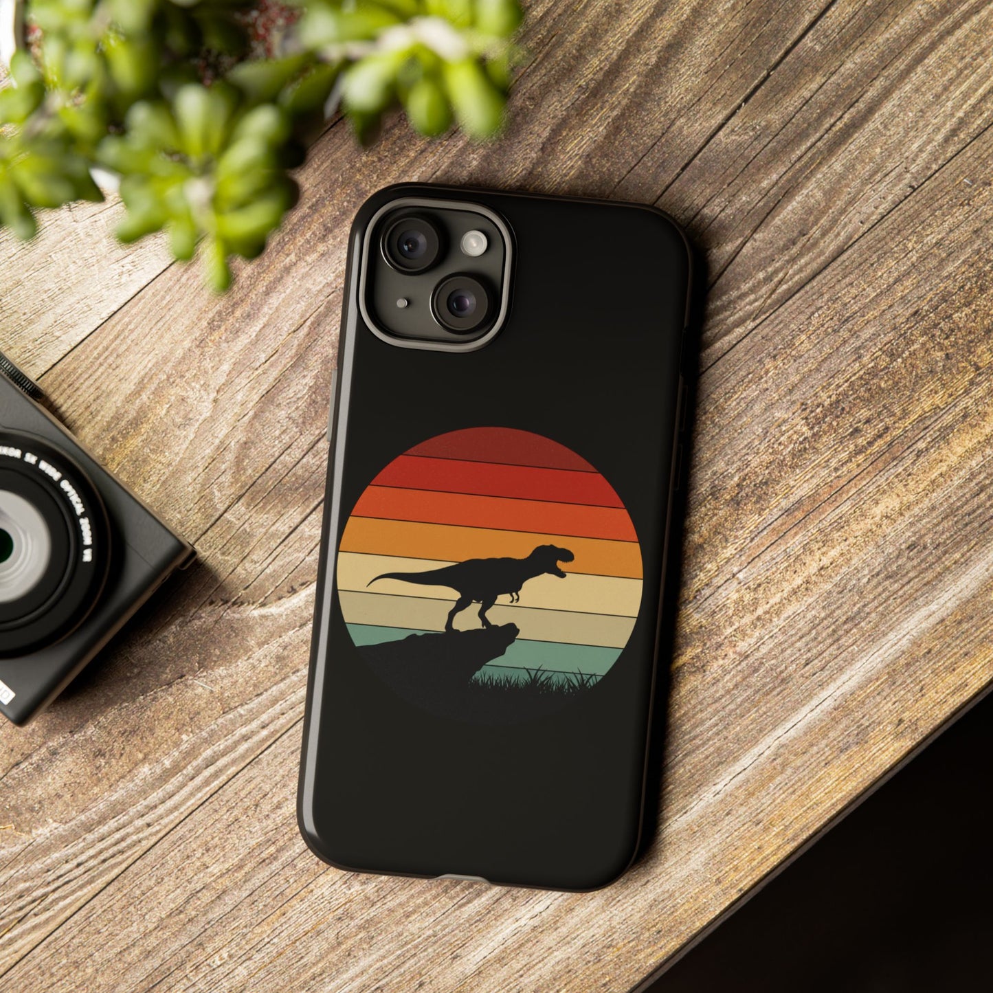 Retro Sunset Dinosaur iPhone Case | T‑Rex Silhouette Vintage Phone Cover for iPhone 14/15/16 Pro | Aesthetic Dinosaur Gift