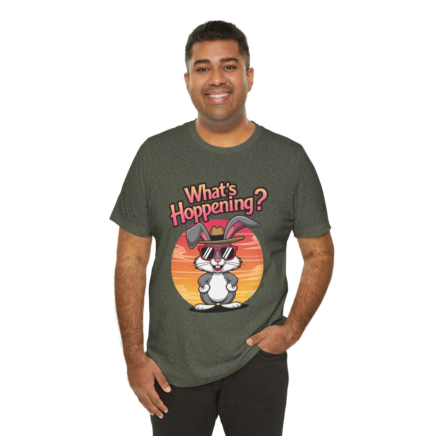 What’s Hoppening Funny Bunny Shirt – Cute Rabbit Pun T-Shirt – Sunset Graphic Tee for Animal Lovers, Easter, and Pun Enthusiasts