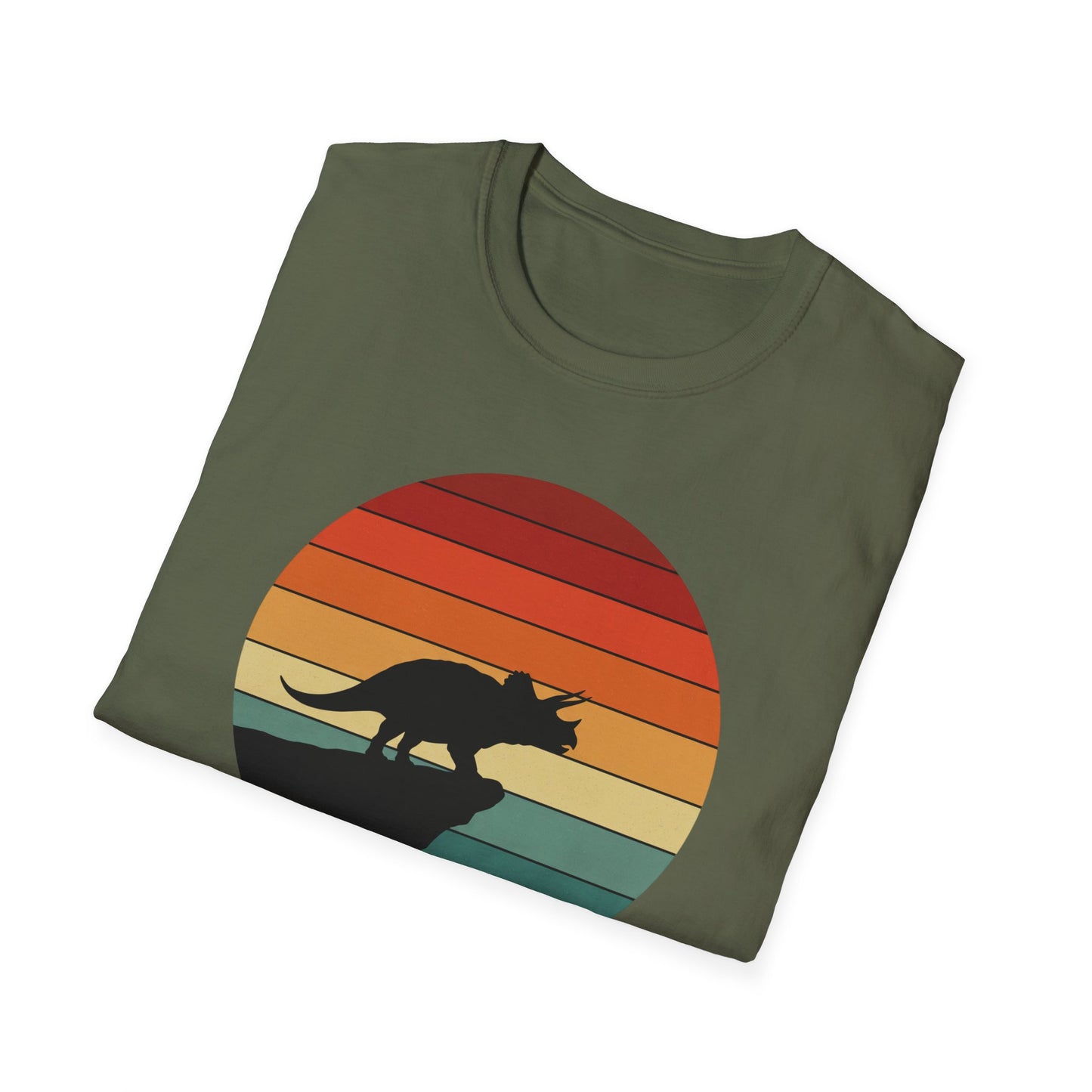 Retro Triceratops Sunset T-Shirt - Vintage Dino Graphic Tee - Unisex Softstyle Dinosaur Shirt - Nature and Prehistoric Lover Gift