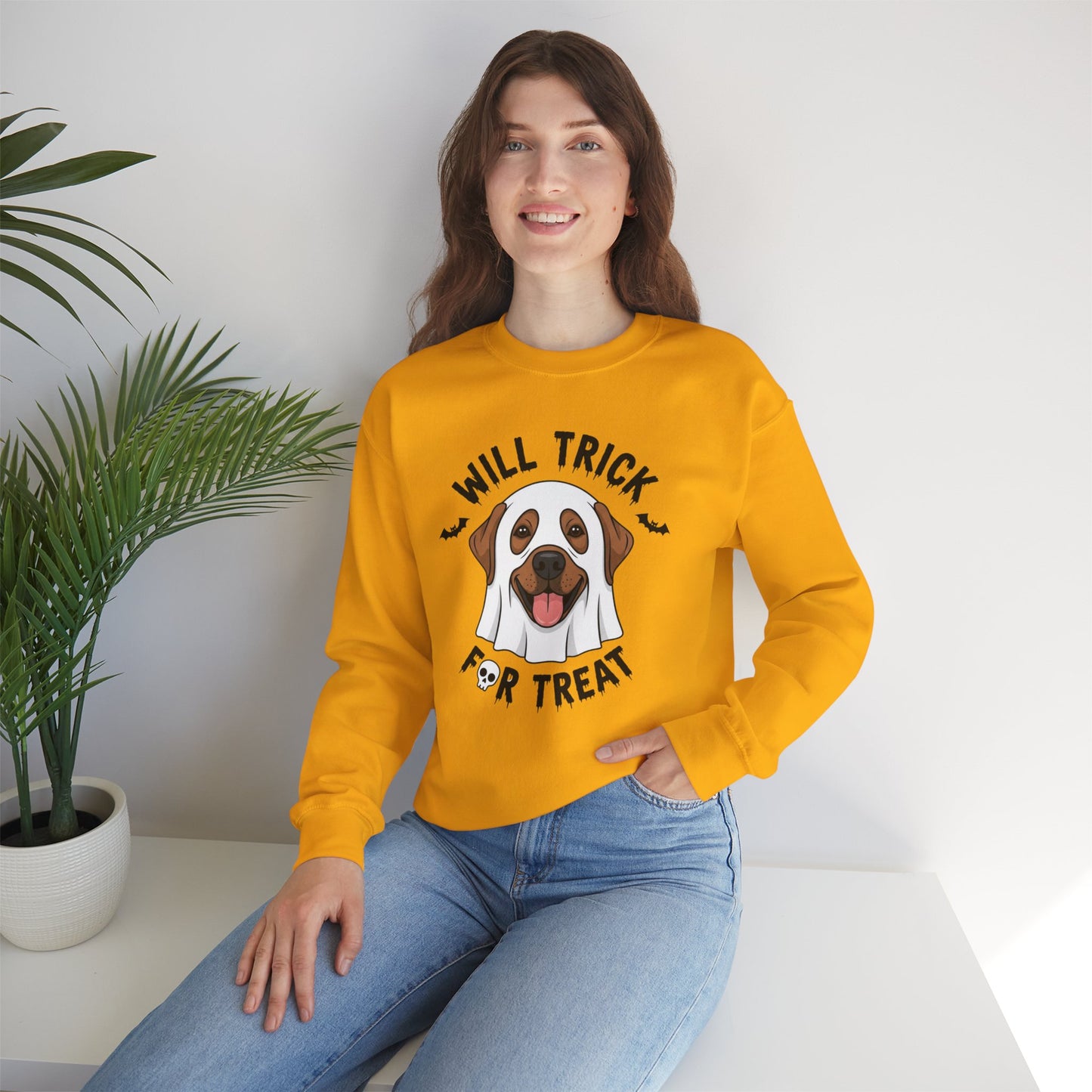 Will Trick for Treat Sweatshirt, Ghost Dog Halloween Crewneck, Funny Pet Costume Graphic Pullover, Trick-or-Treat Dog Lover Gift Sweater